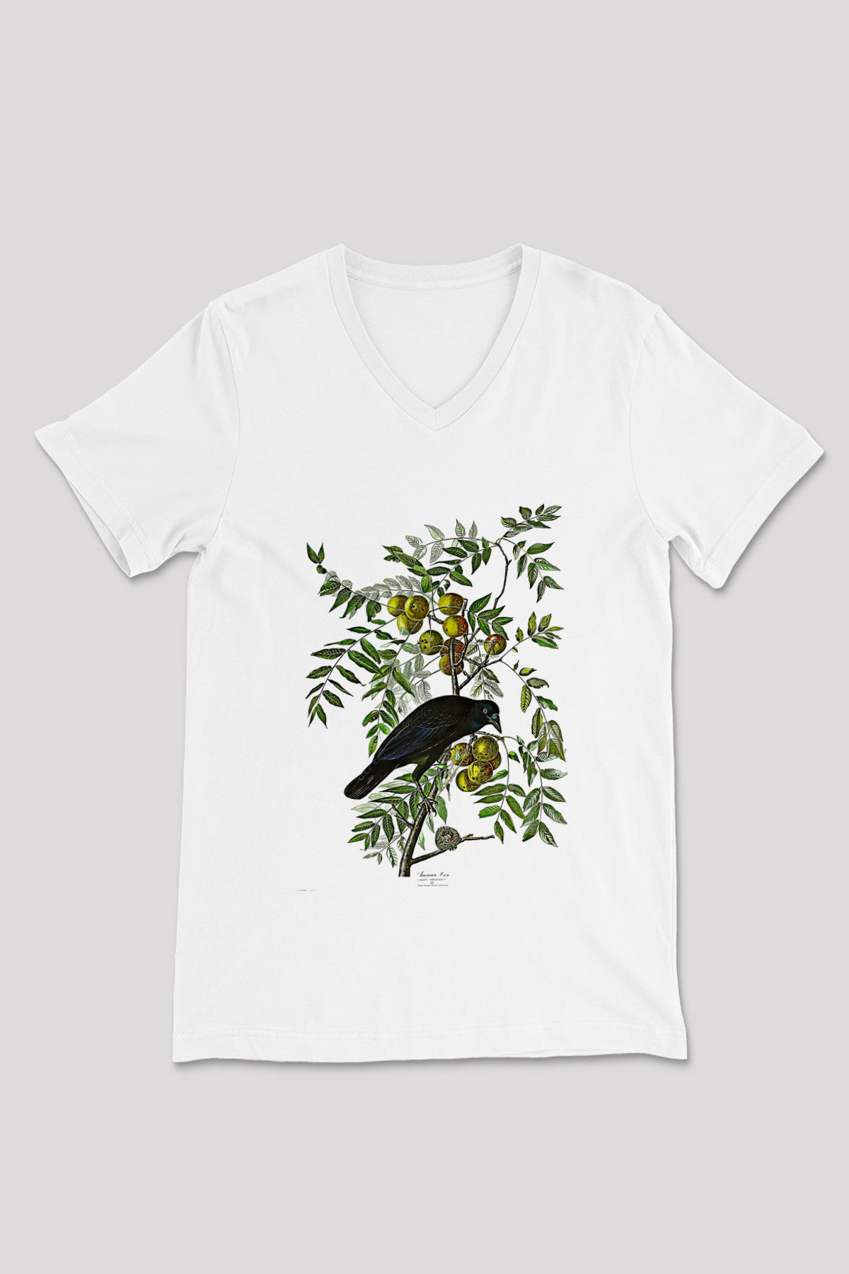 Karga Baskılı Beyaz Unisex V Yaka Tişört - Tshirt