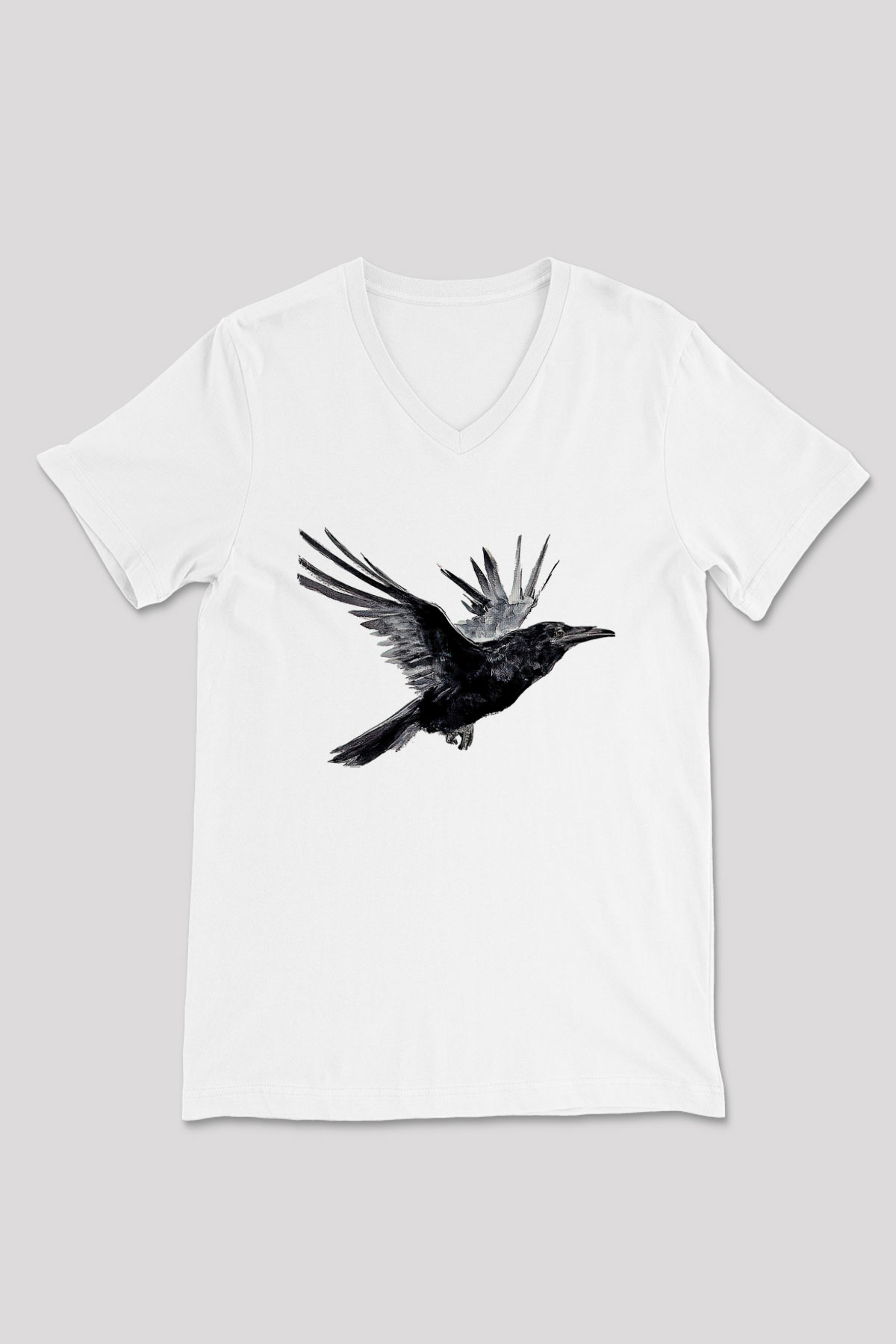 Karga Baskılı Beyaz Unisex V Yaka Tişört - Tshirt