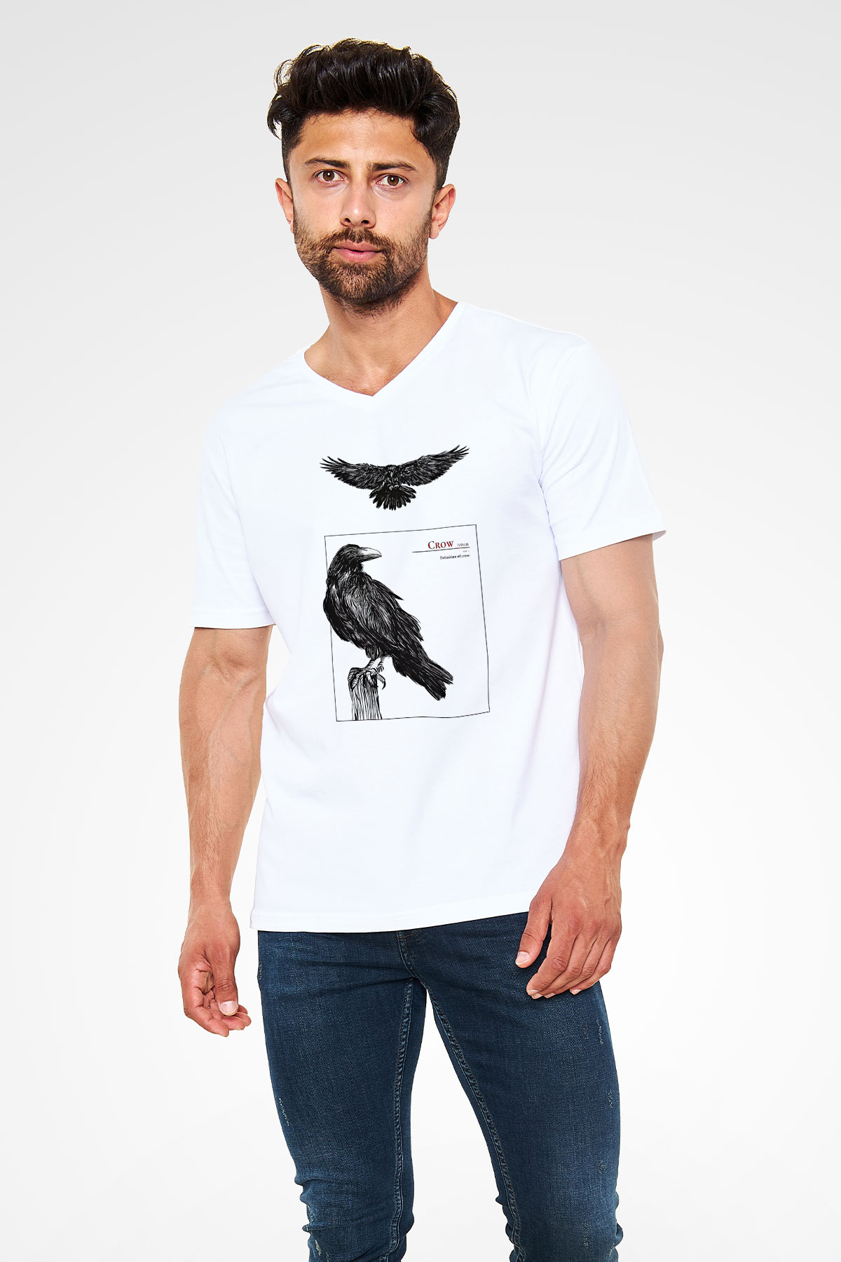 Karga Baskılı Beyaz Unisex V Yaka Tişört - Tshirt