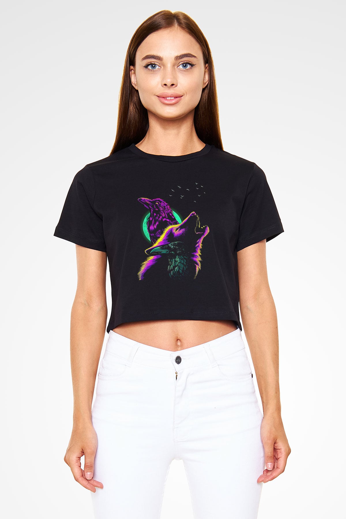 Karga Baskılı Siyah Crop Top Kadın Tişört - Tshirt