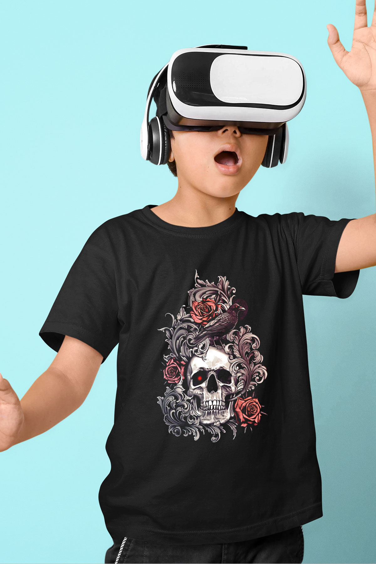 Karga Baskılı Unisex Siyah Çocuk Tişört - Tshirt