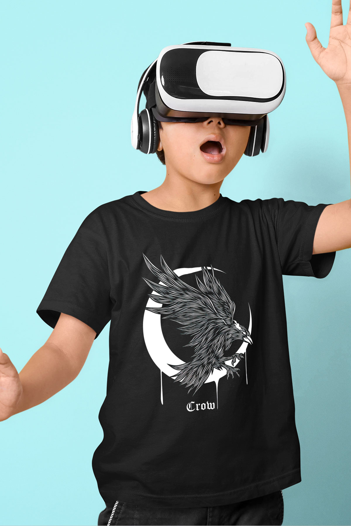 Karga Baskılı Unisex Siyah Çocuk Tişört - Tshirt