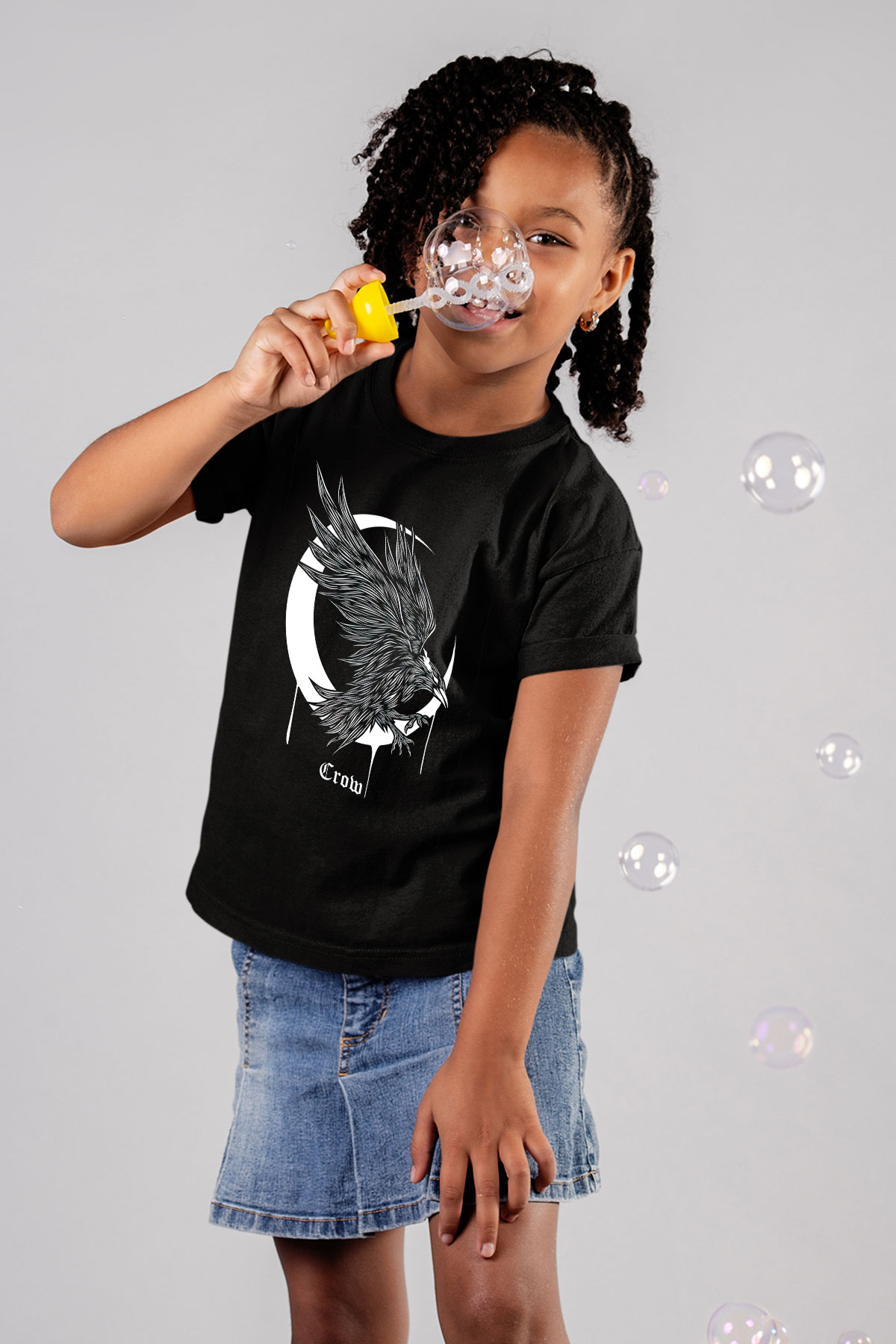 Karga Baskılı Unisex Siyah Çocuk Tişört - Tshirt