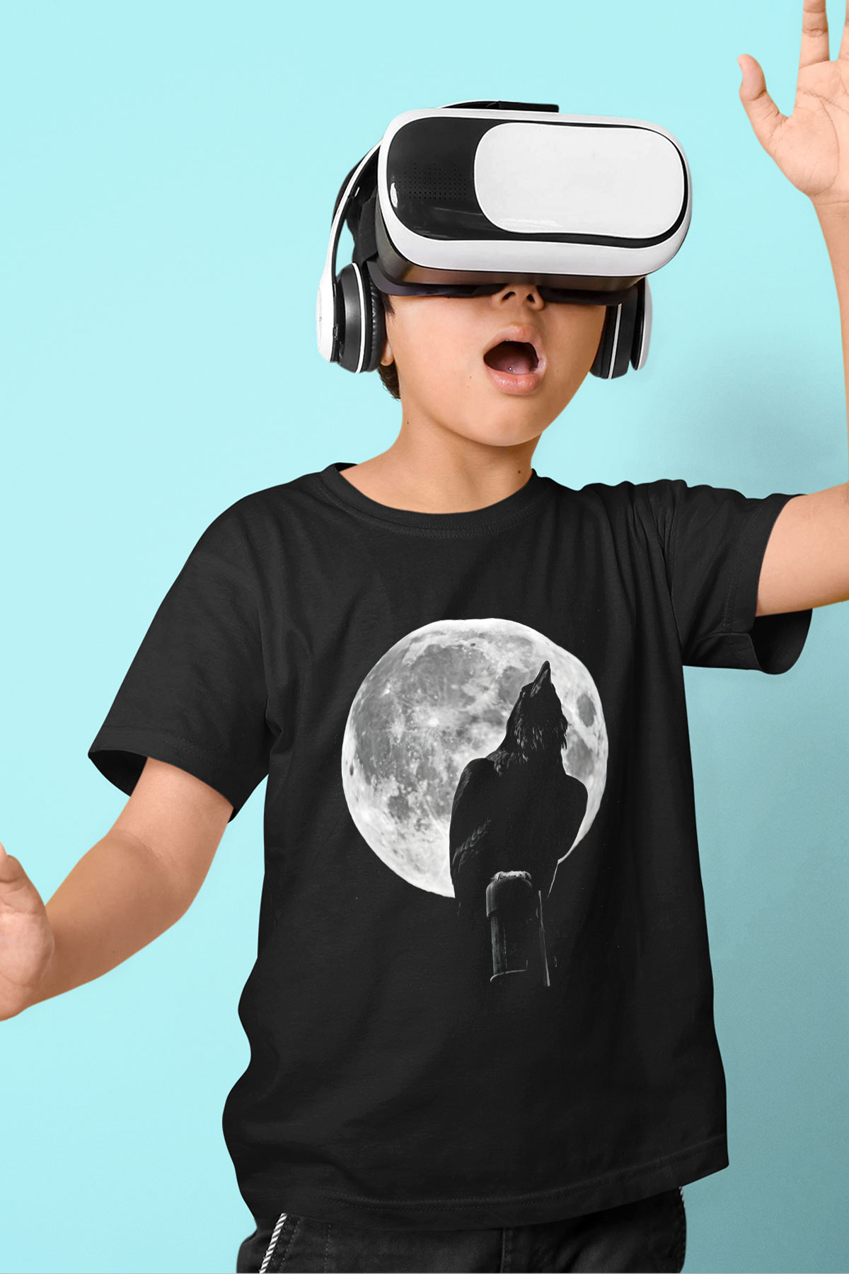 Karga Baskılı Unisex Siyah Çocuk Tişört - Tshirt