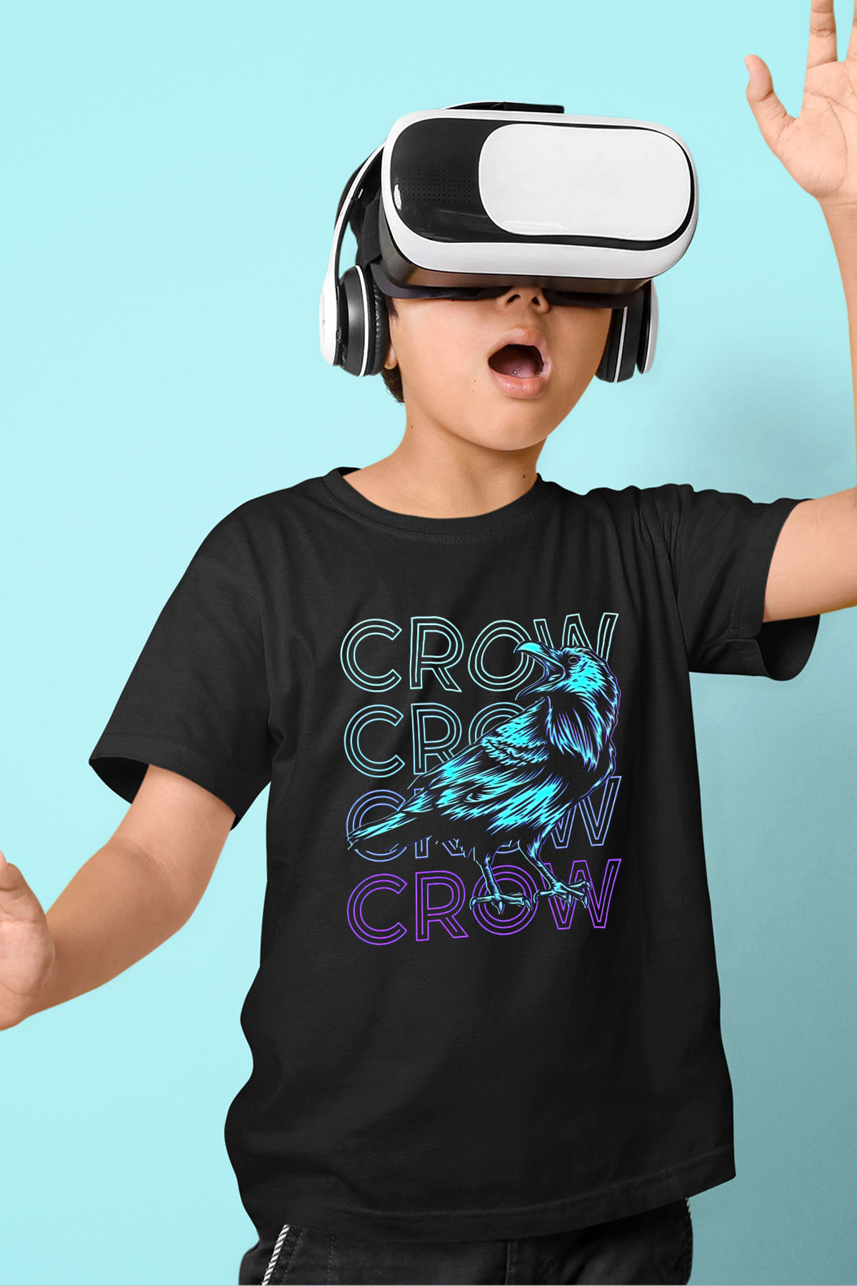 Karga Baskılı Unisex Siyah Çocuk Tişört - Tshirt
