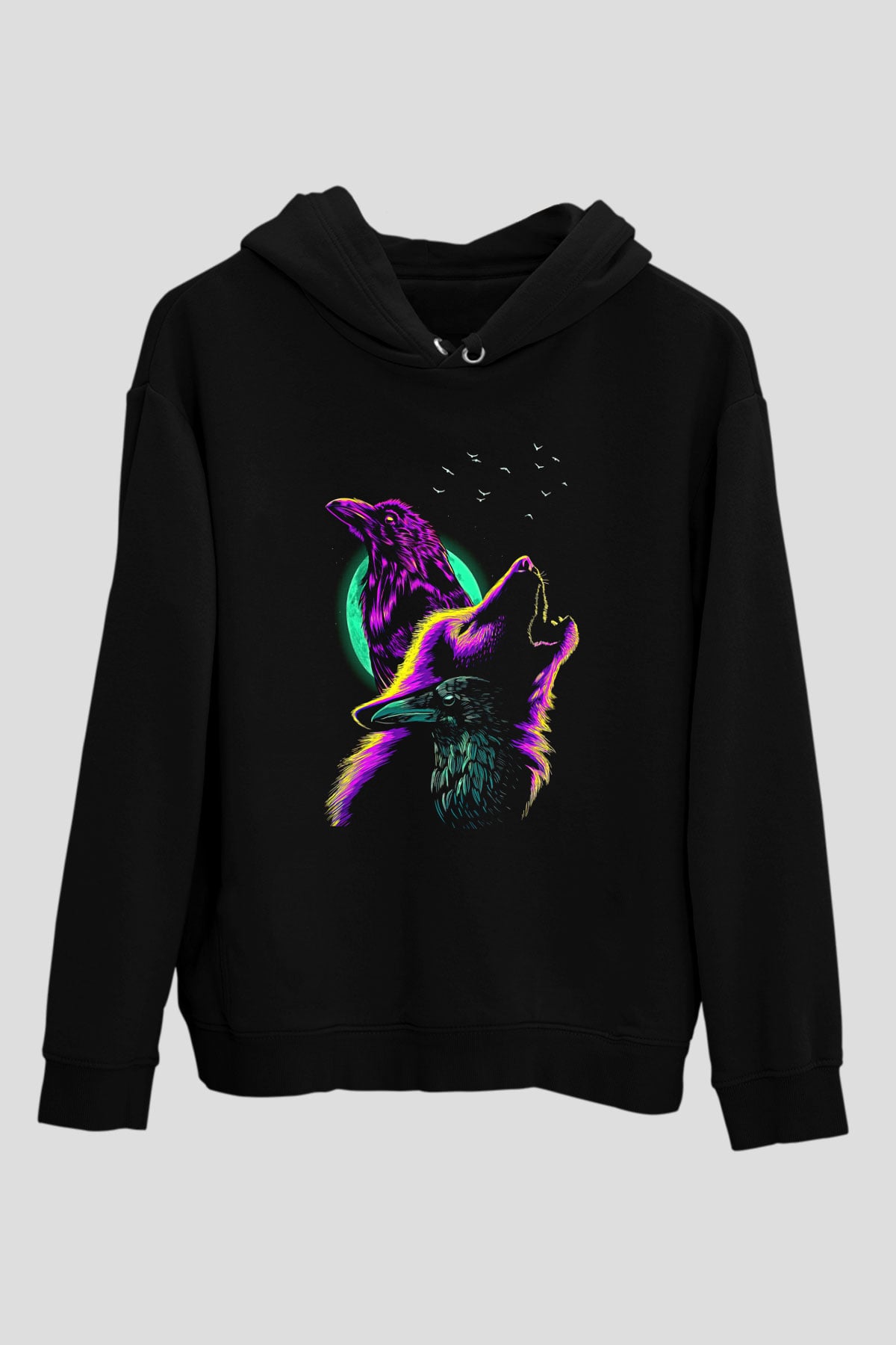 Karga Baskılı Unisex Siyah Hoodie