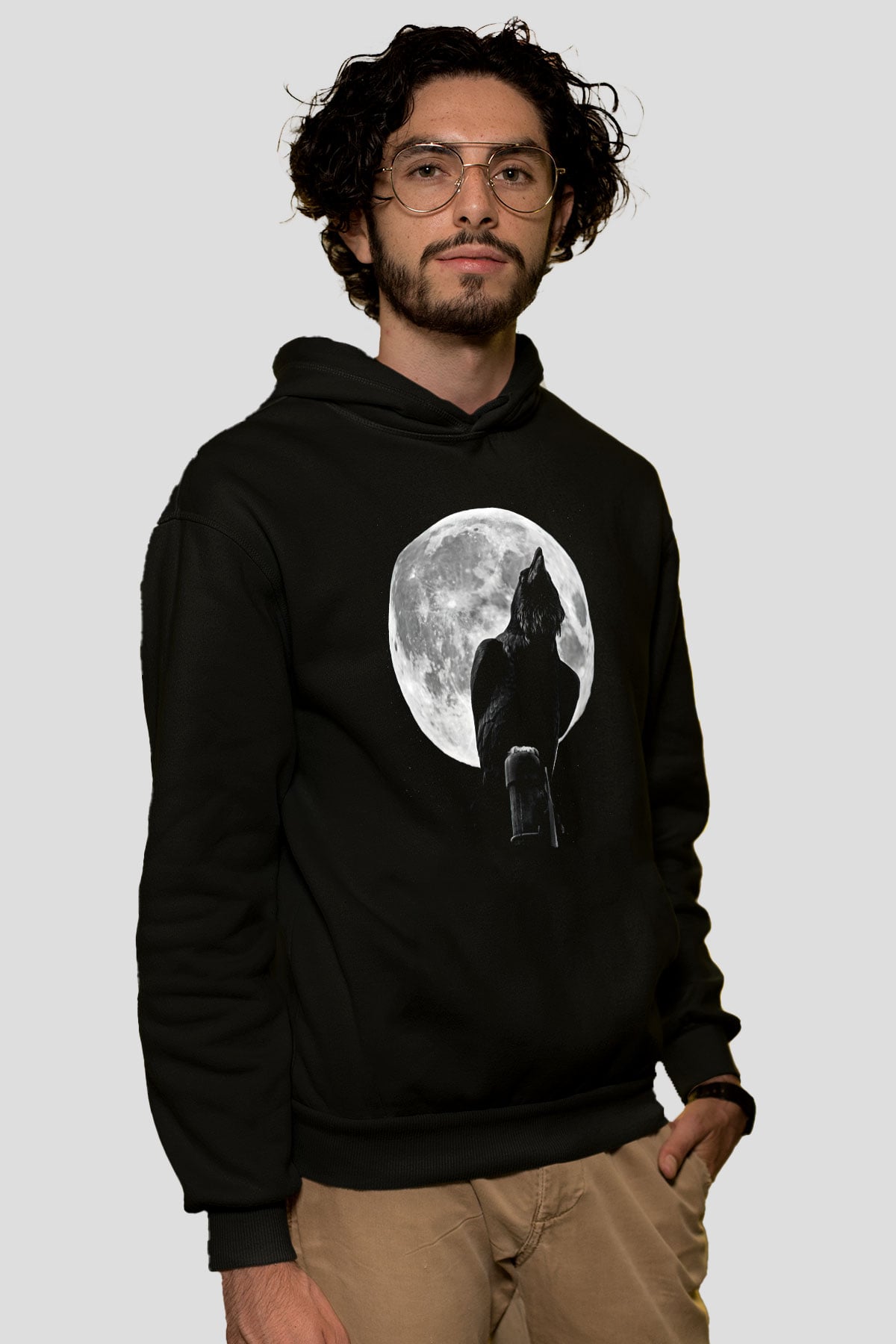 Karga Baskılı Unisex Siyah Hoodie