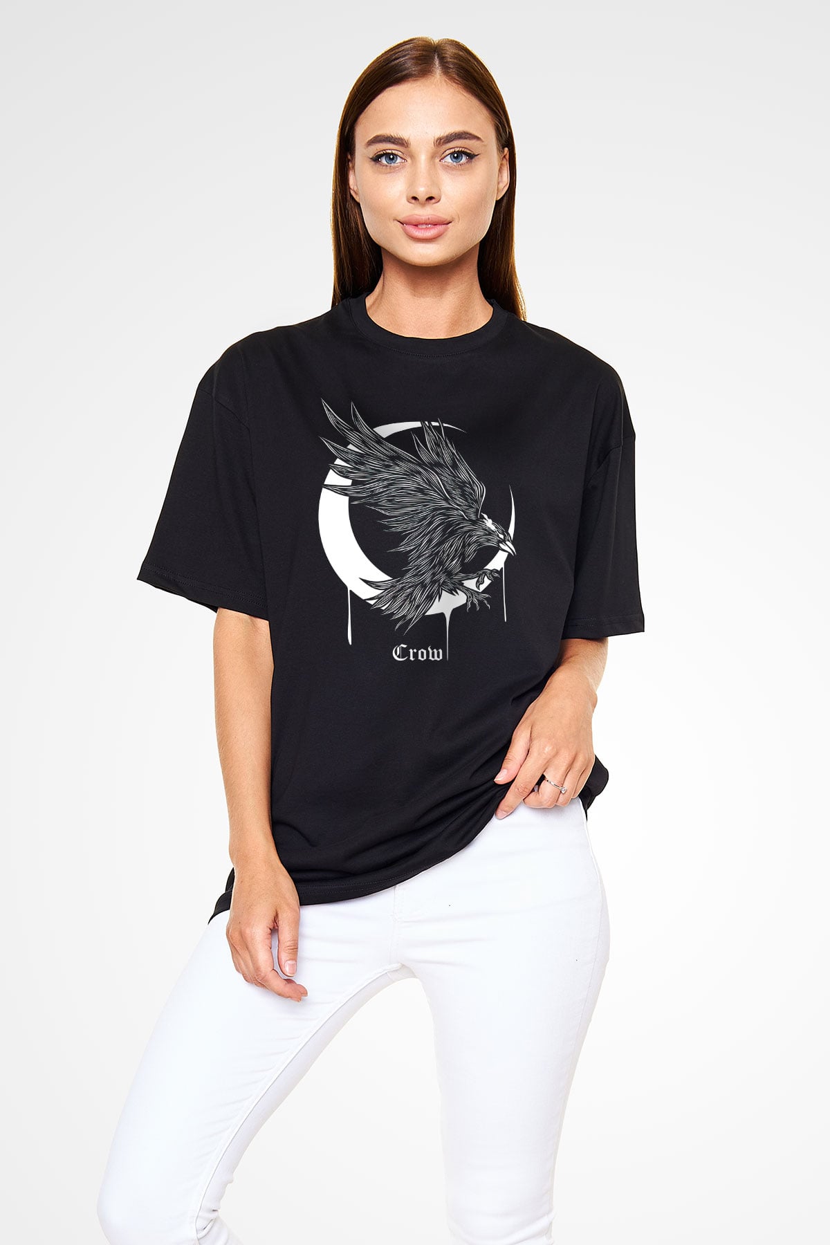Karga Baskılı Unisex Siyah Oversize Tişört - Tshirt