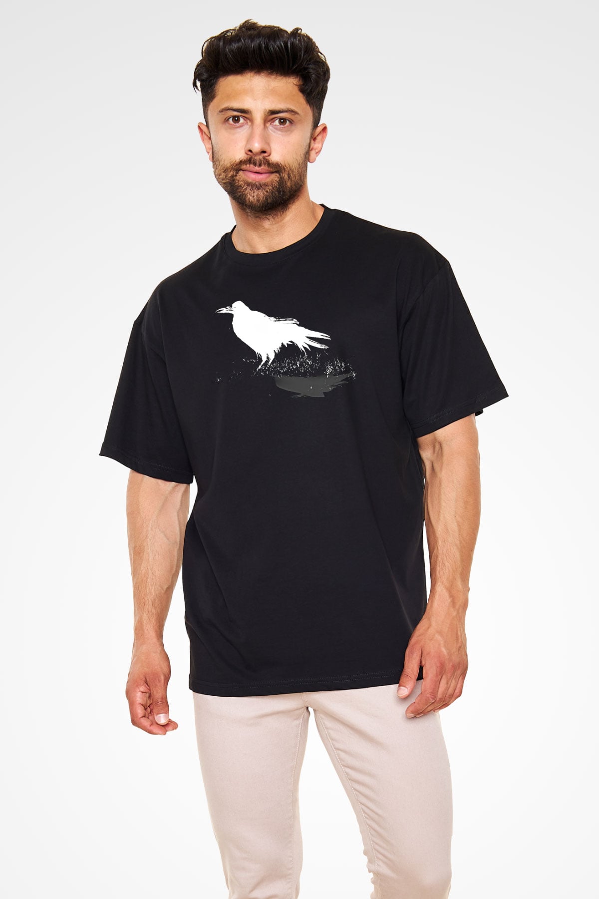 Karga Baskılı Unisex Siyah Oversize Tişört - Tshirt