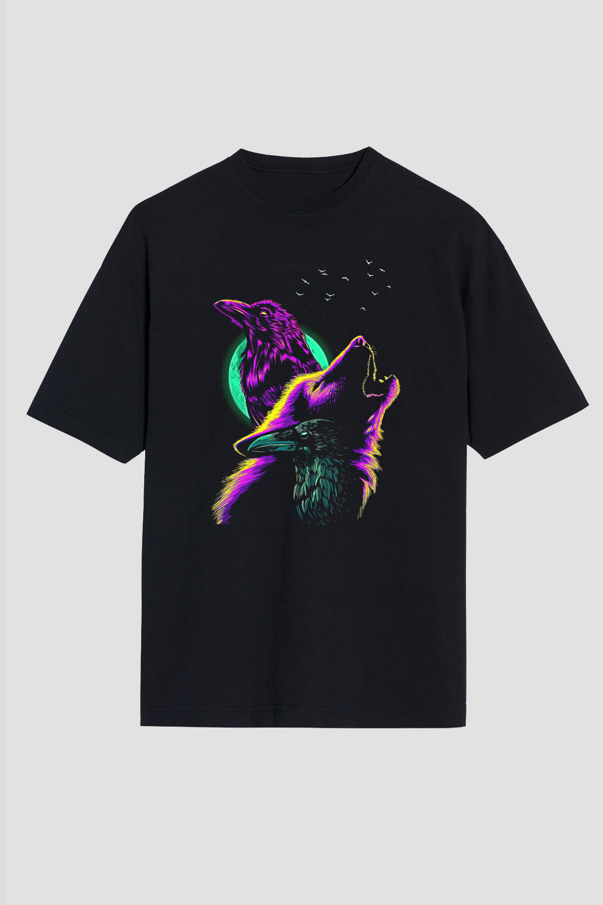 Karga Baskılı Unisex Siyah Oversize Tişört - Tshirt