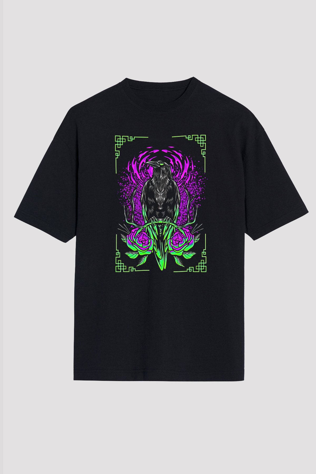 Karga Baskılı Unisex Siyah Oversize Tişört - Tshirt