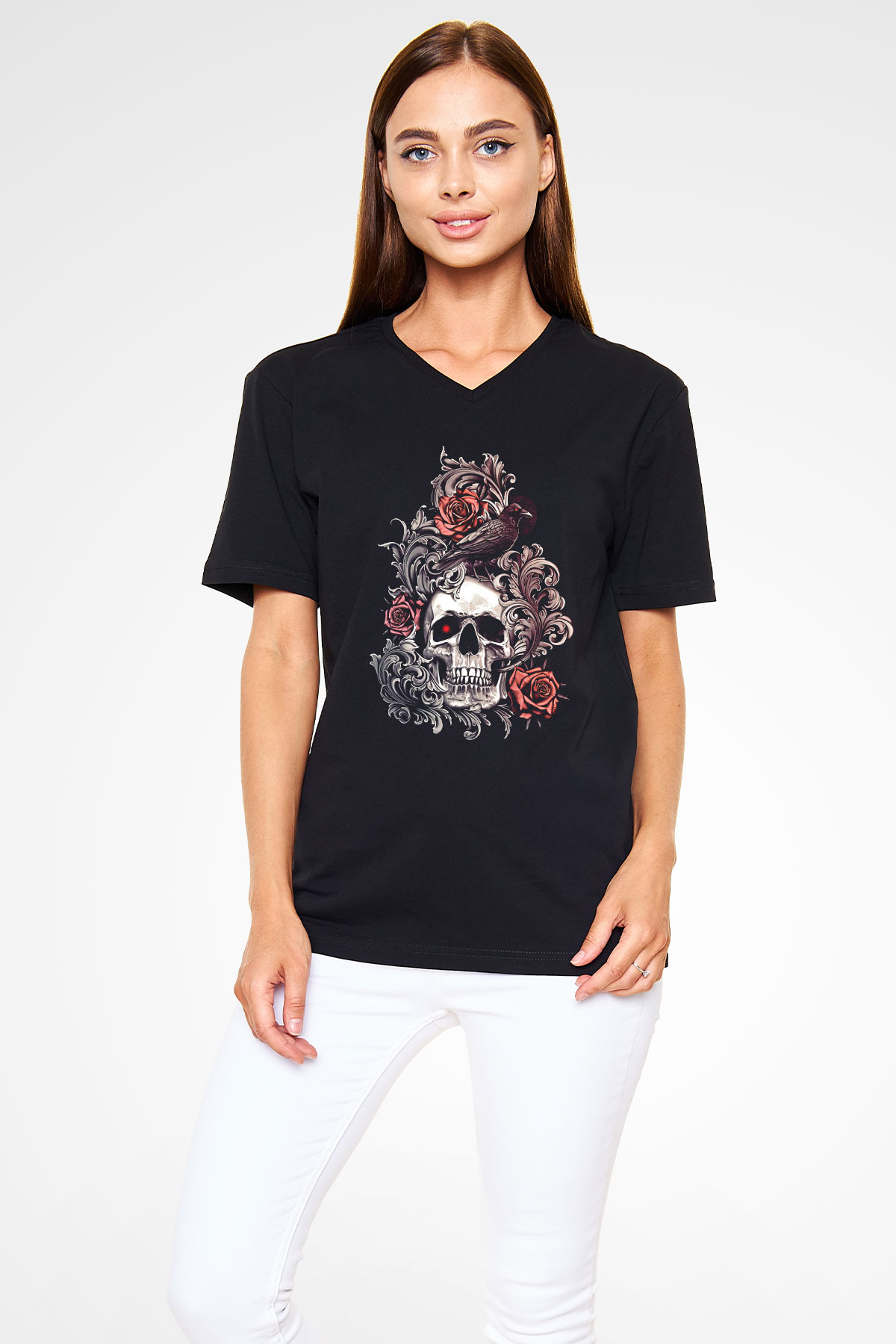 Karga Baskılı Unisex Siyah V Yaka Tişört - Tshirt