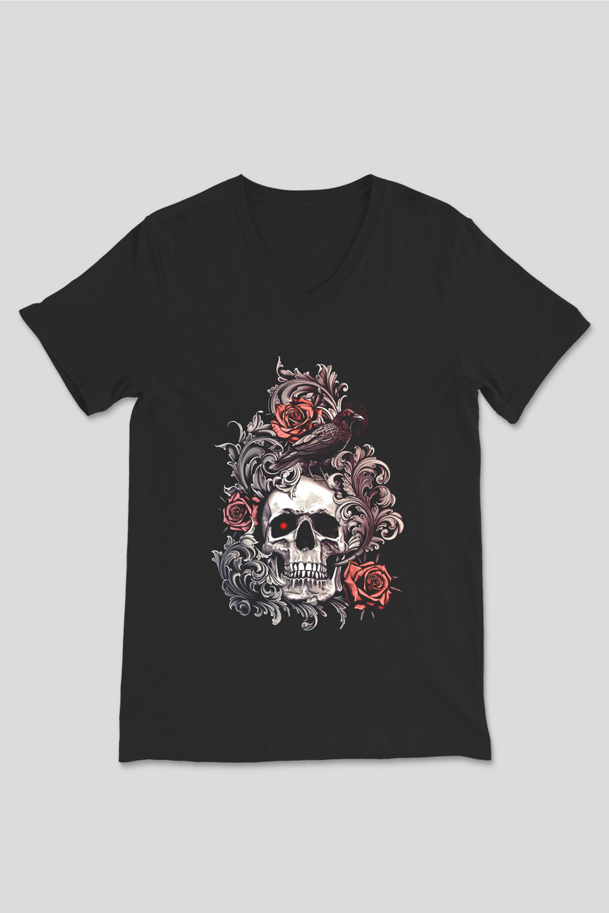 Karga Baskılı Unisex Siyah V Yaka Tişört - Tshirt