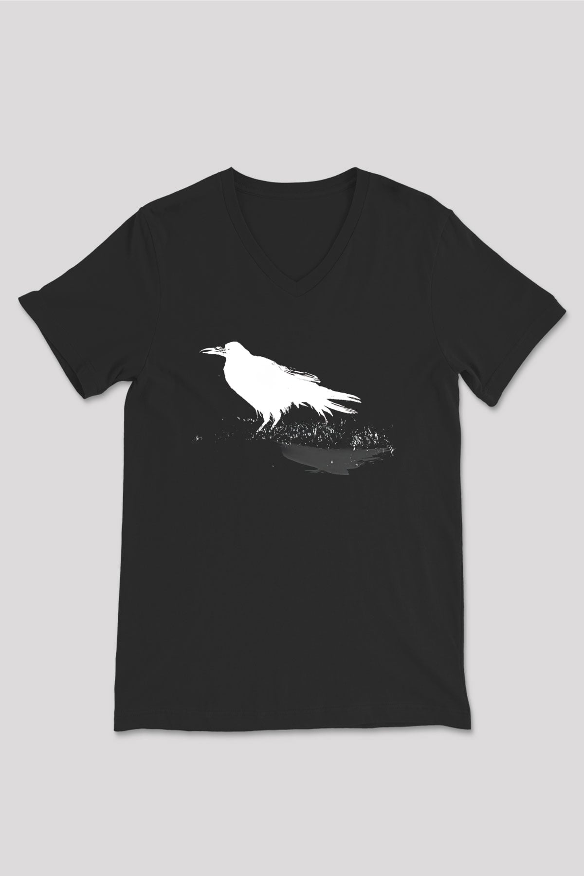 Karga Baskılı Unisex Siyah V Yaka Tişört - Tshirt