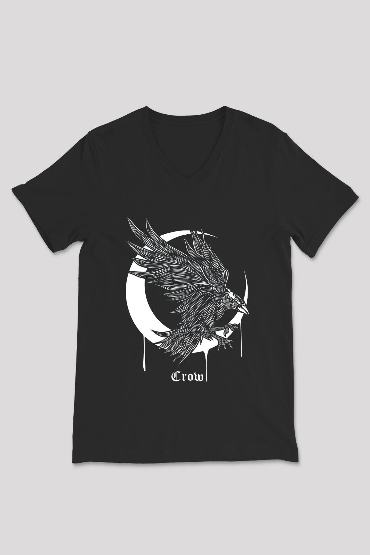 Karga Baskılı Unisex Siyah V Yaka Tişört - Tshirt