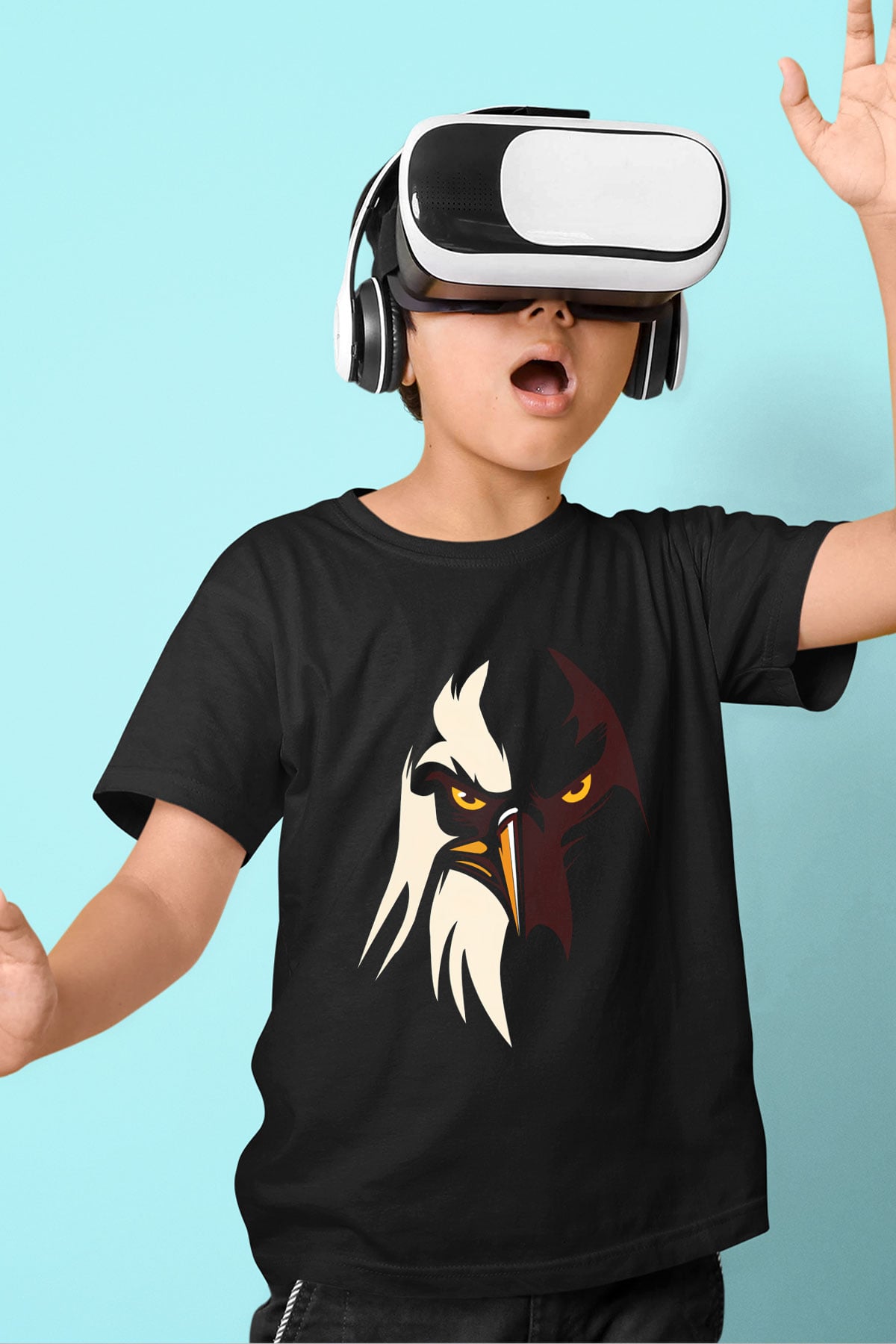 Kartal Baskılı Siyah Unisex Çocuk Tişört