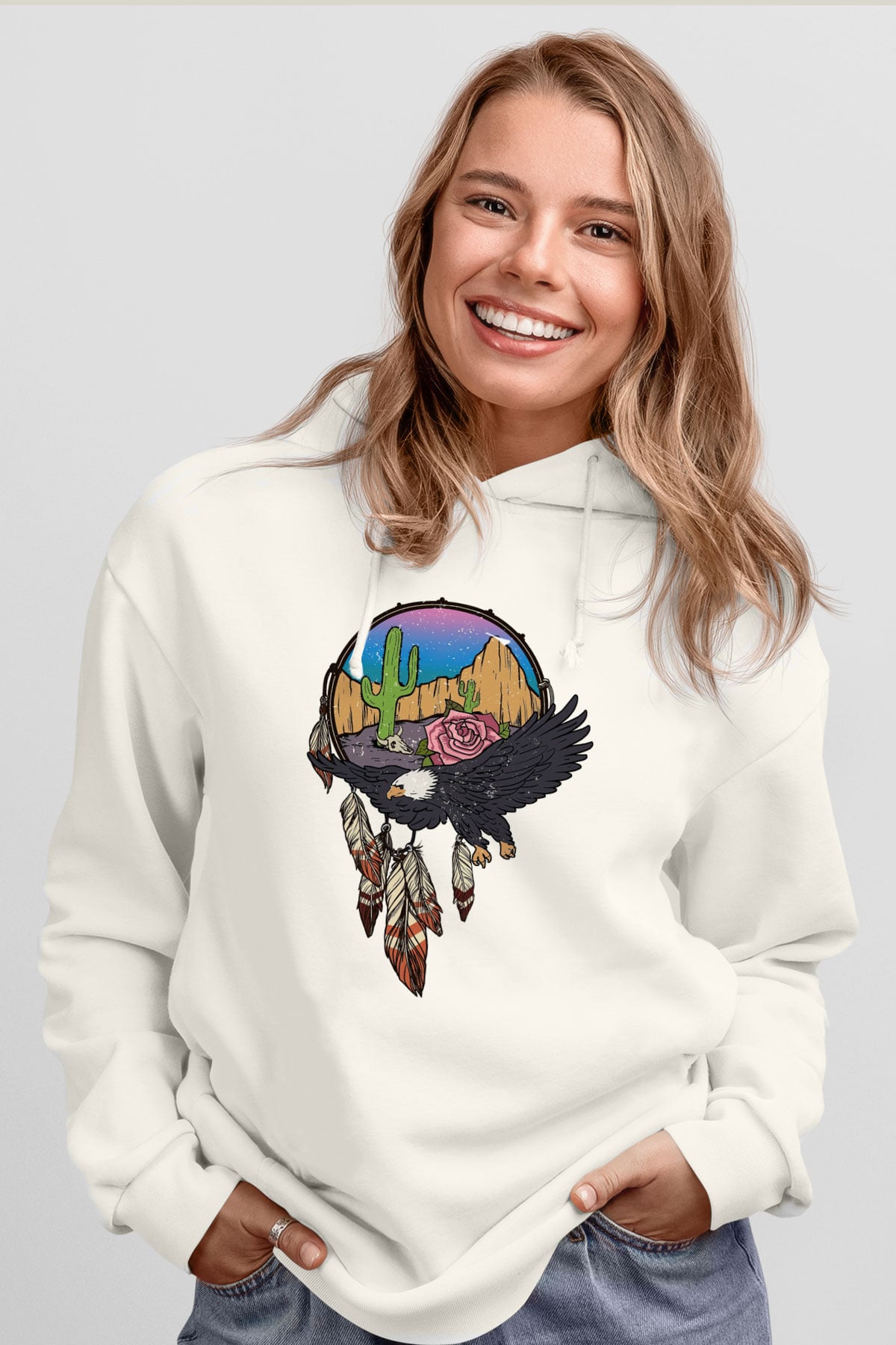 Kartal Beyaz Unisex Kapşonlu Sweatshirt