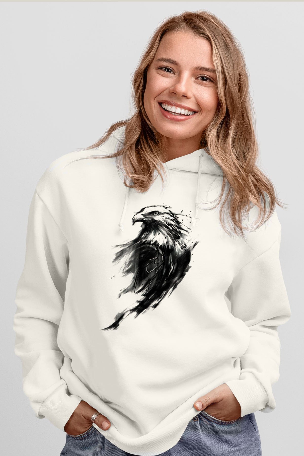 Kartal Beyaz Unisex Kapşonlu Sweatshirt