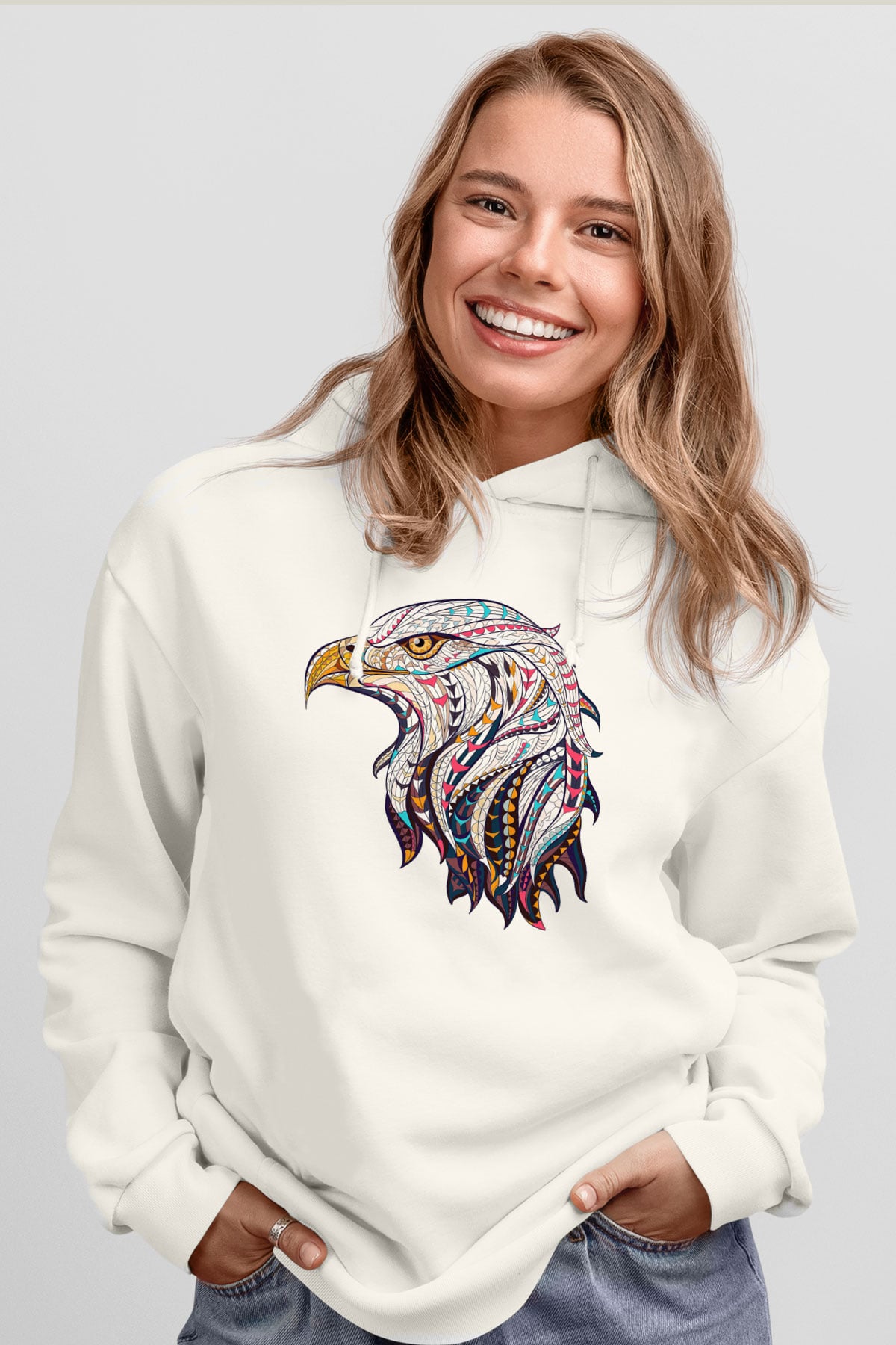 Kartal Beyaz Unisex Kapşonlu Sweatshirt