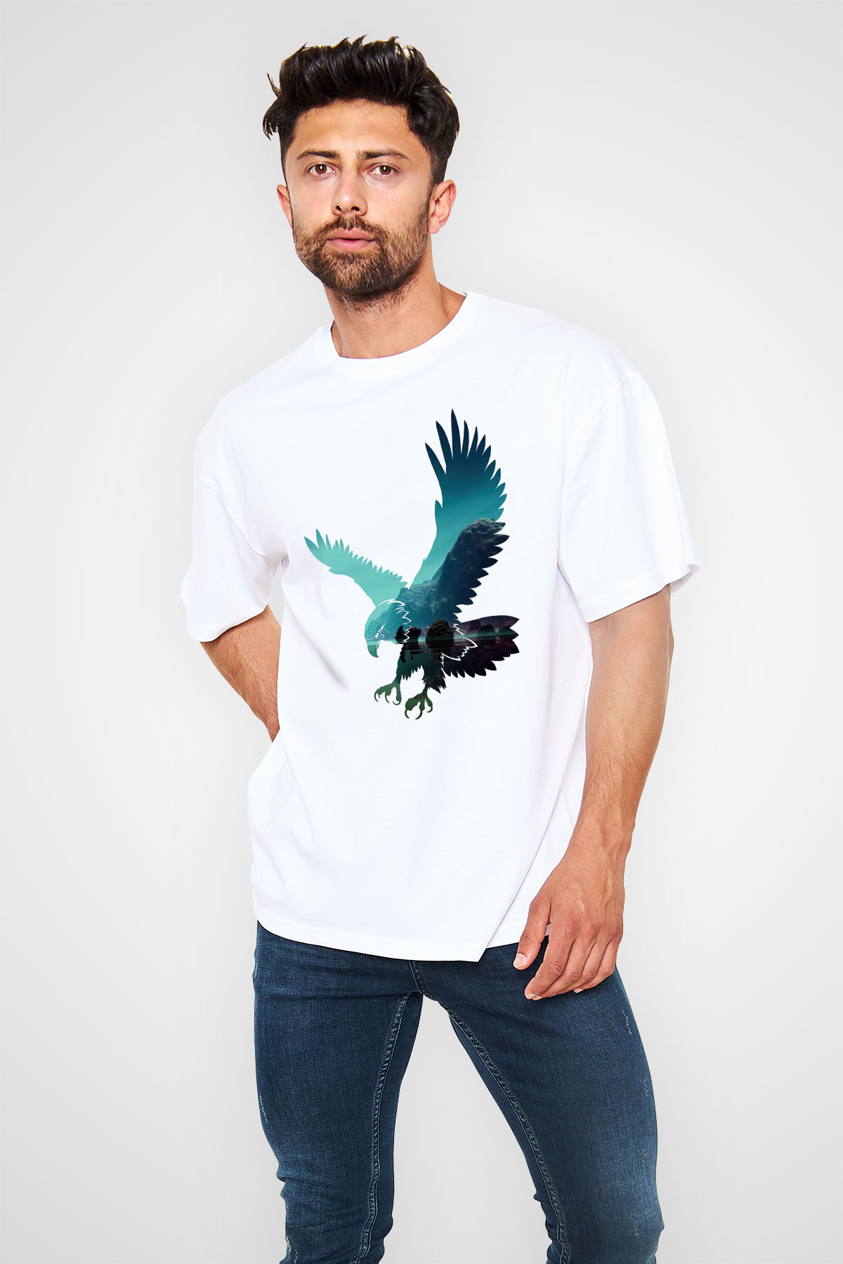 Kartal Beyaz Unisex Oversize Tişört T-Shirt