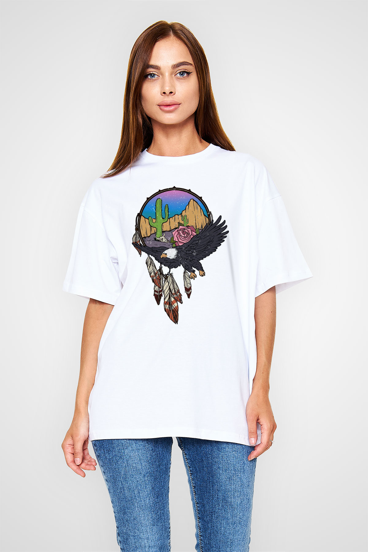 Kartal Beyaz Unisex Oversize Tişört T-Shirt