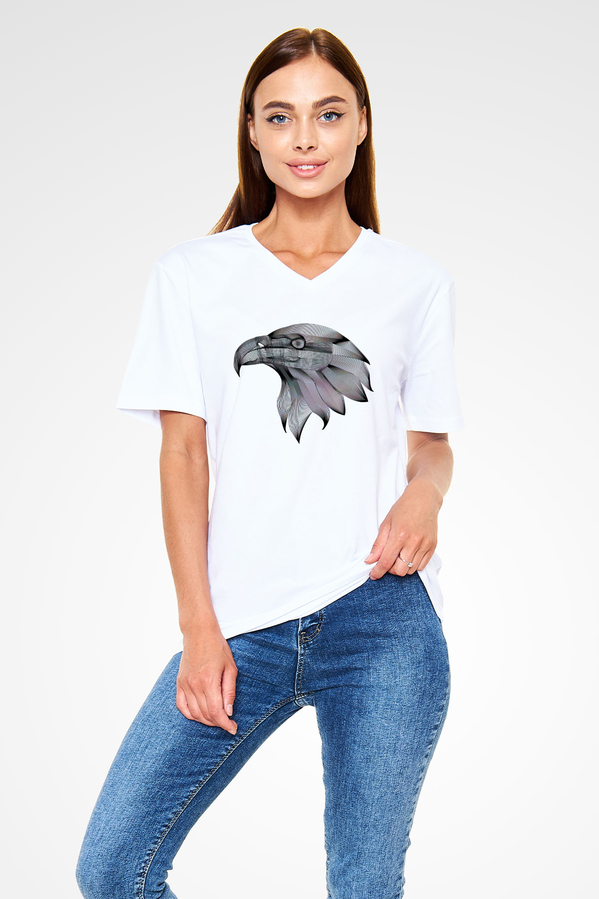 Kartal Beyaz Unisex V Yaka Tişört