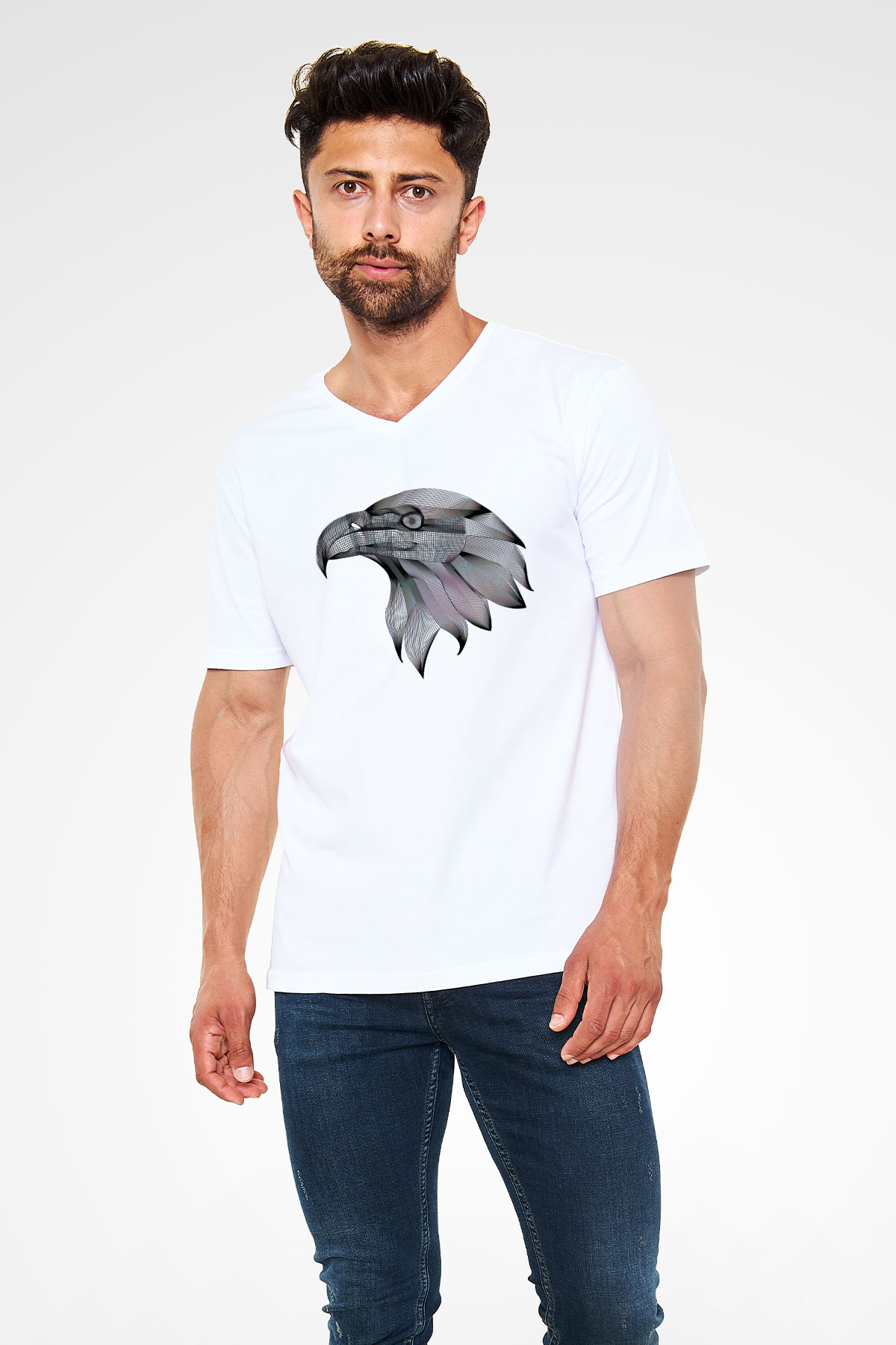 Kartal Beyaz Unisex V Yaka Tişört