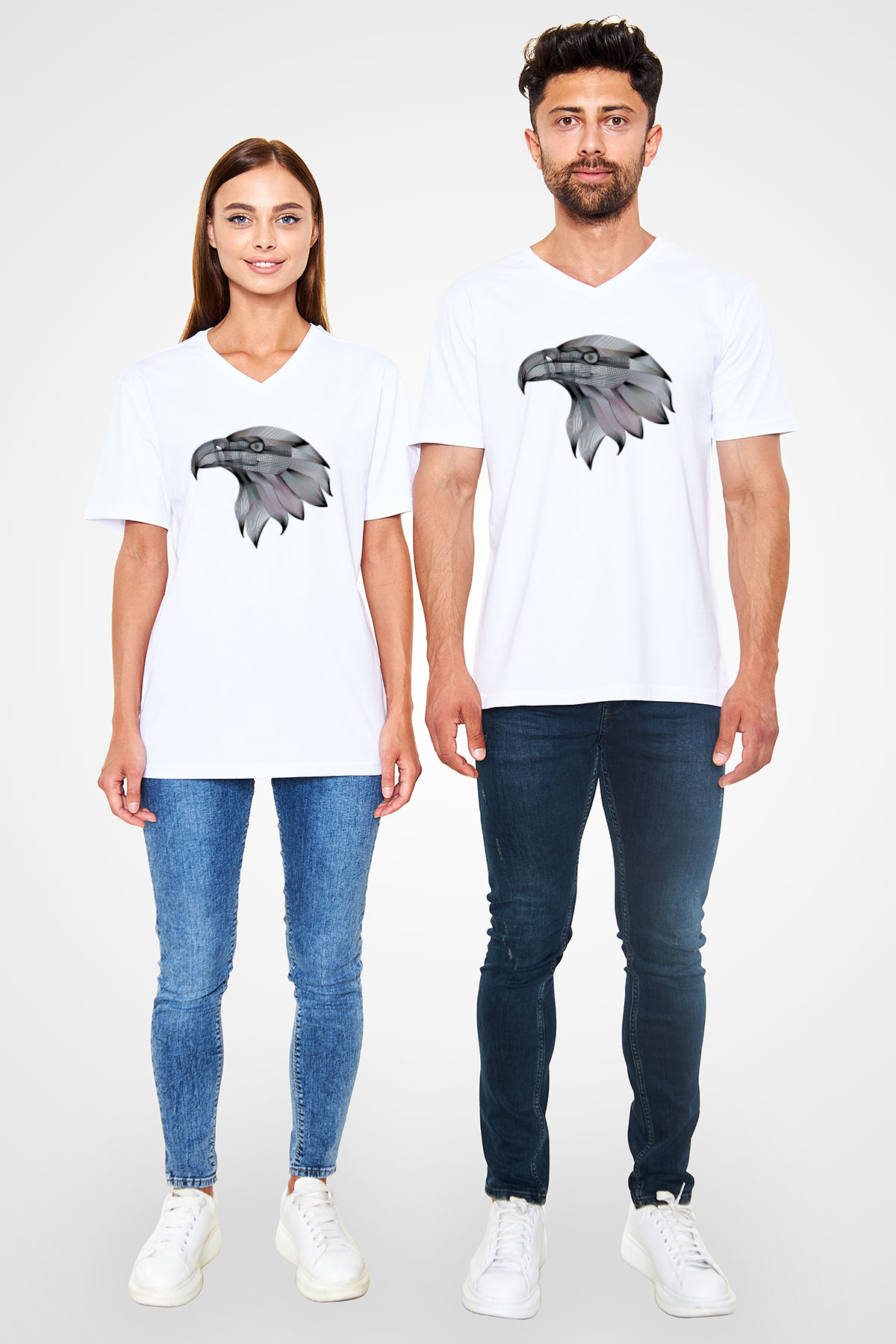 Kartal Beyaz Unisex V Yaka Tişört