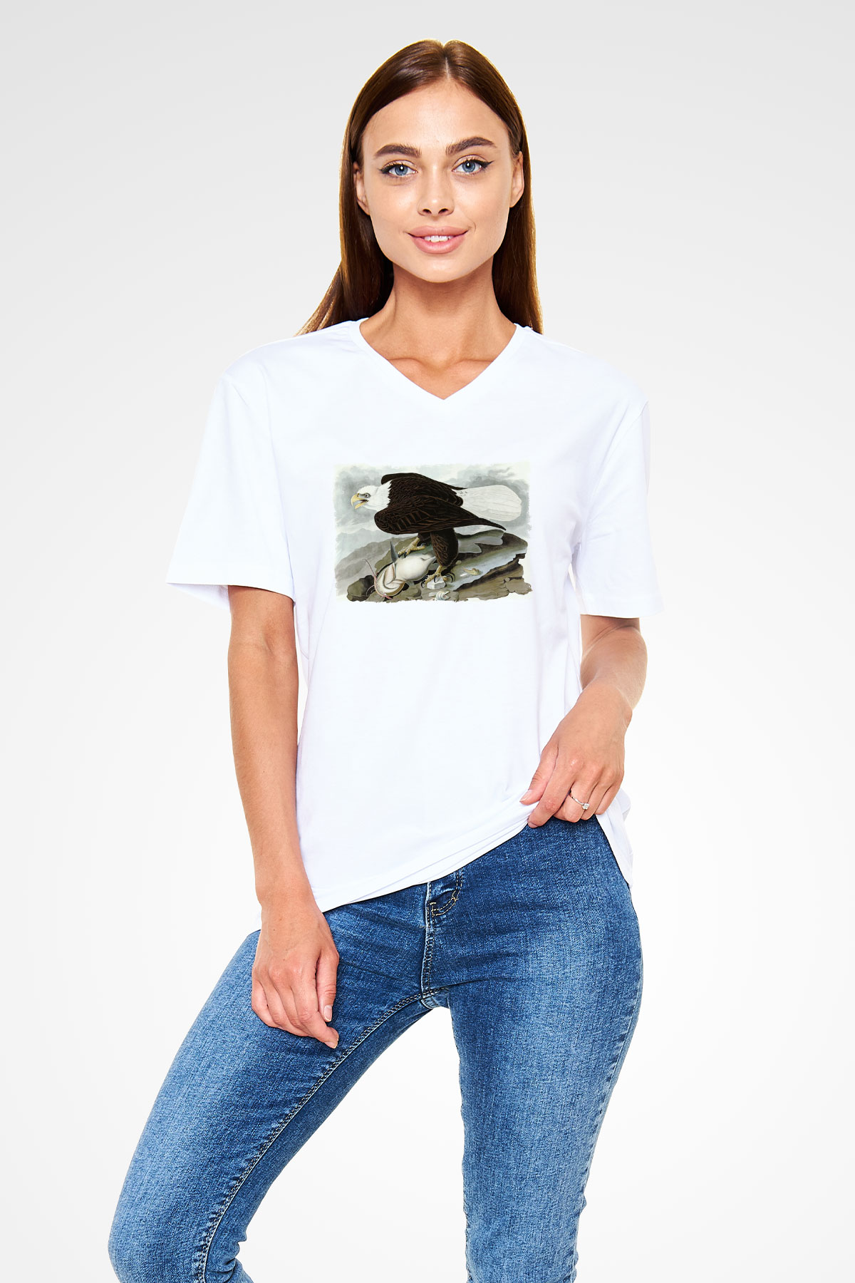 Kartal Beyaz Unisex V Yaka Tişört
