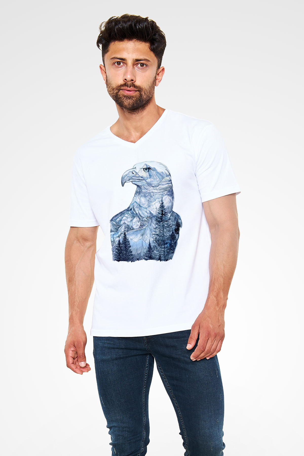 Kartal Beyaz Unisex V Yaka Tişört