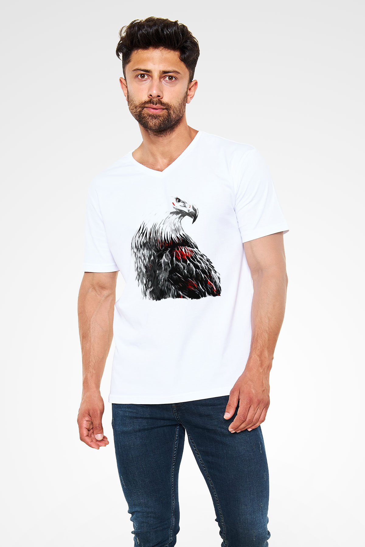 Kartal Beyaz Unisex V Yaka Tişört