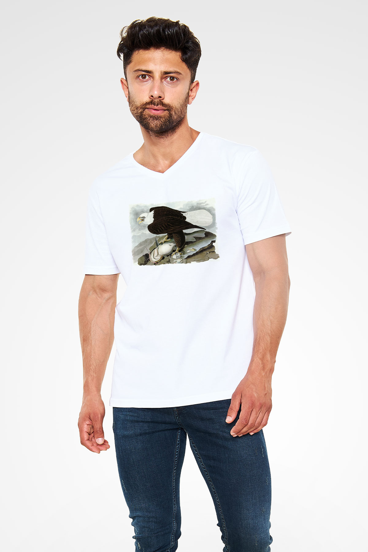 Kartal Beyaz Unisex V Yaka Tişört