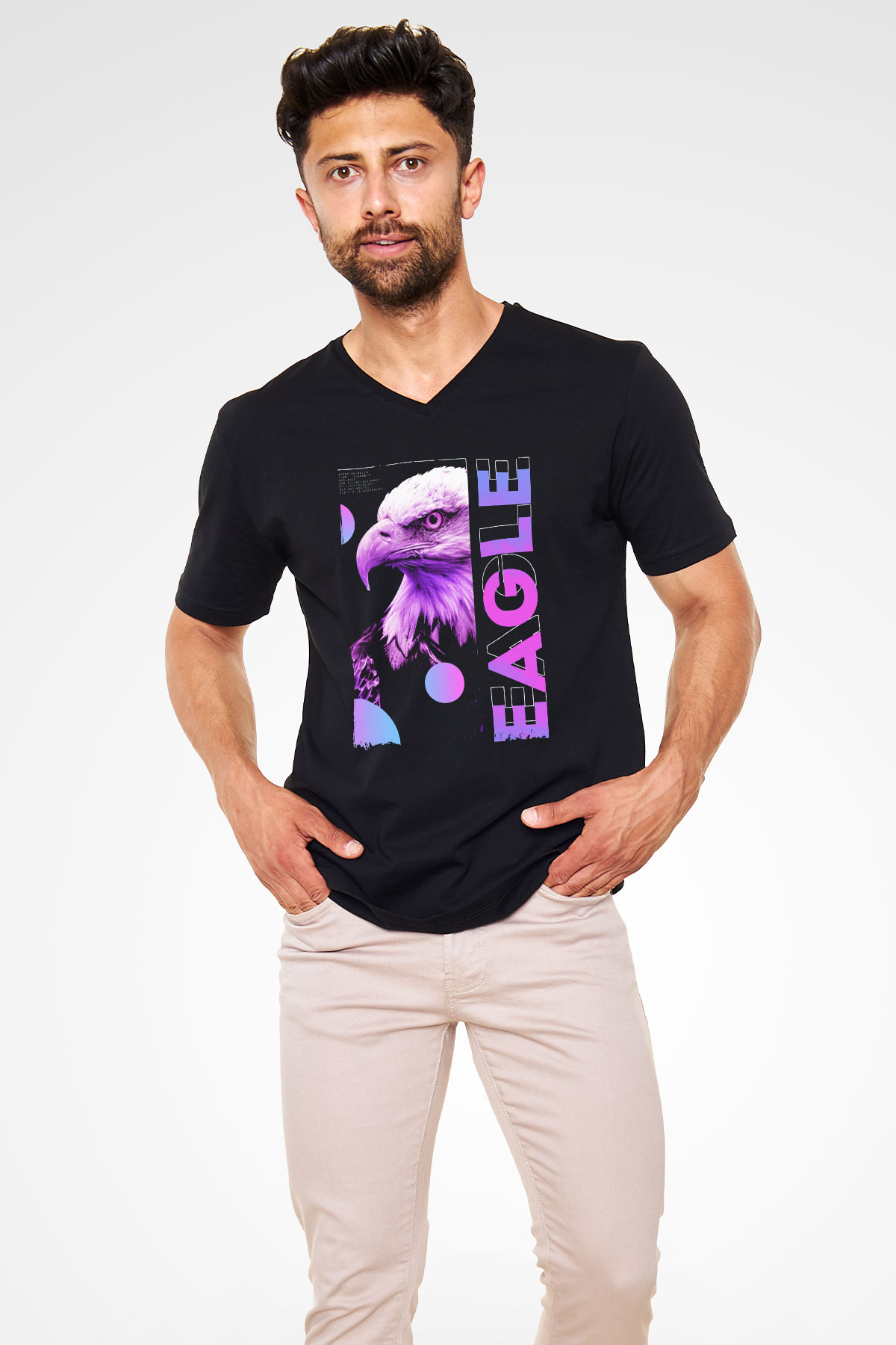 Kartal Siyah Unisex V Yaka Tişört