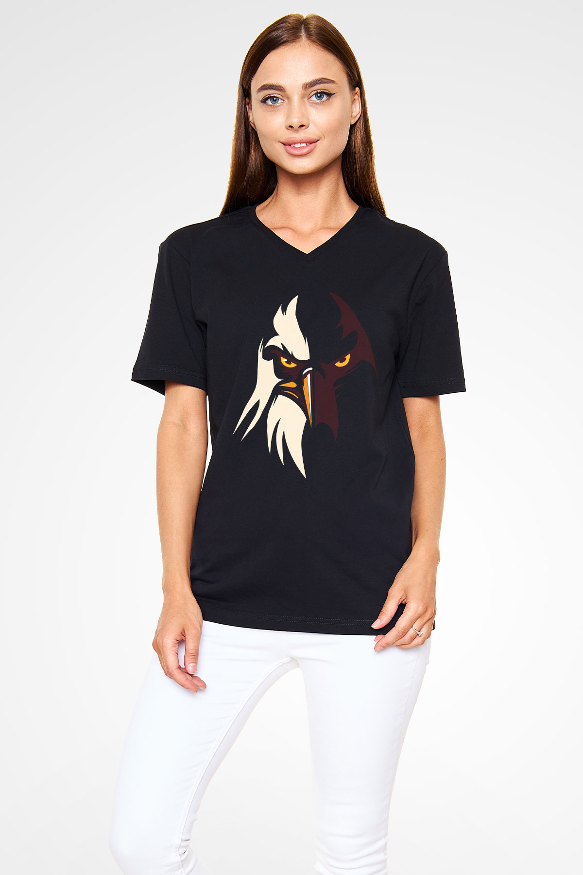 Kartal Siyah Unisex V Yaka Tişört T-Shirt