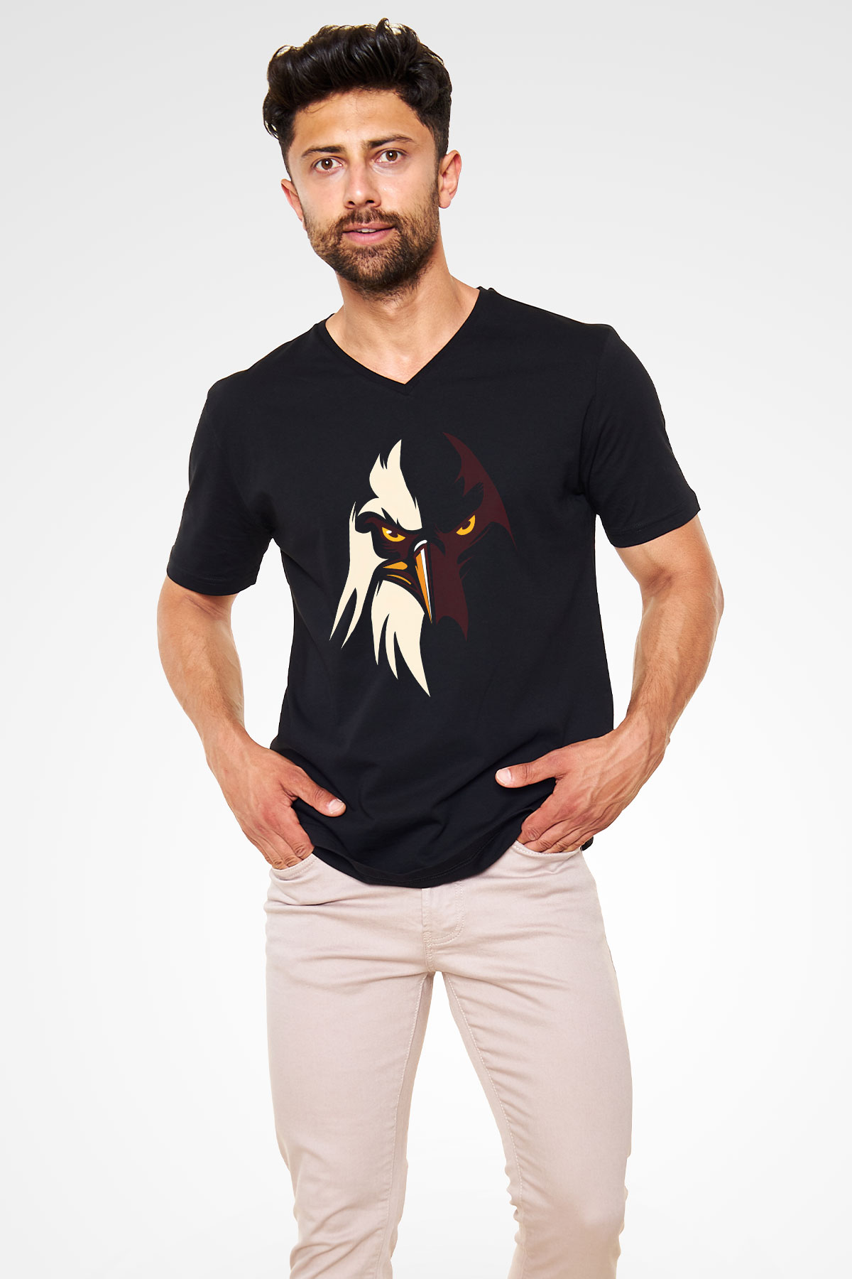 Kartal Siyah Unisex V Yaka Tişört T-Shirt