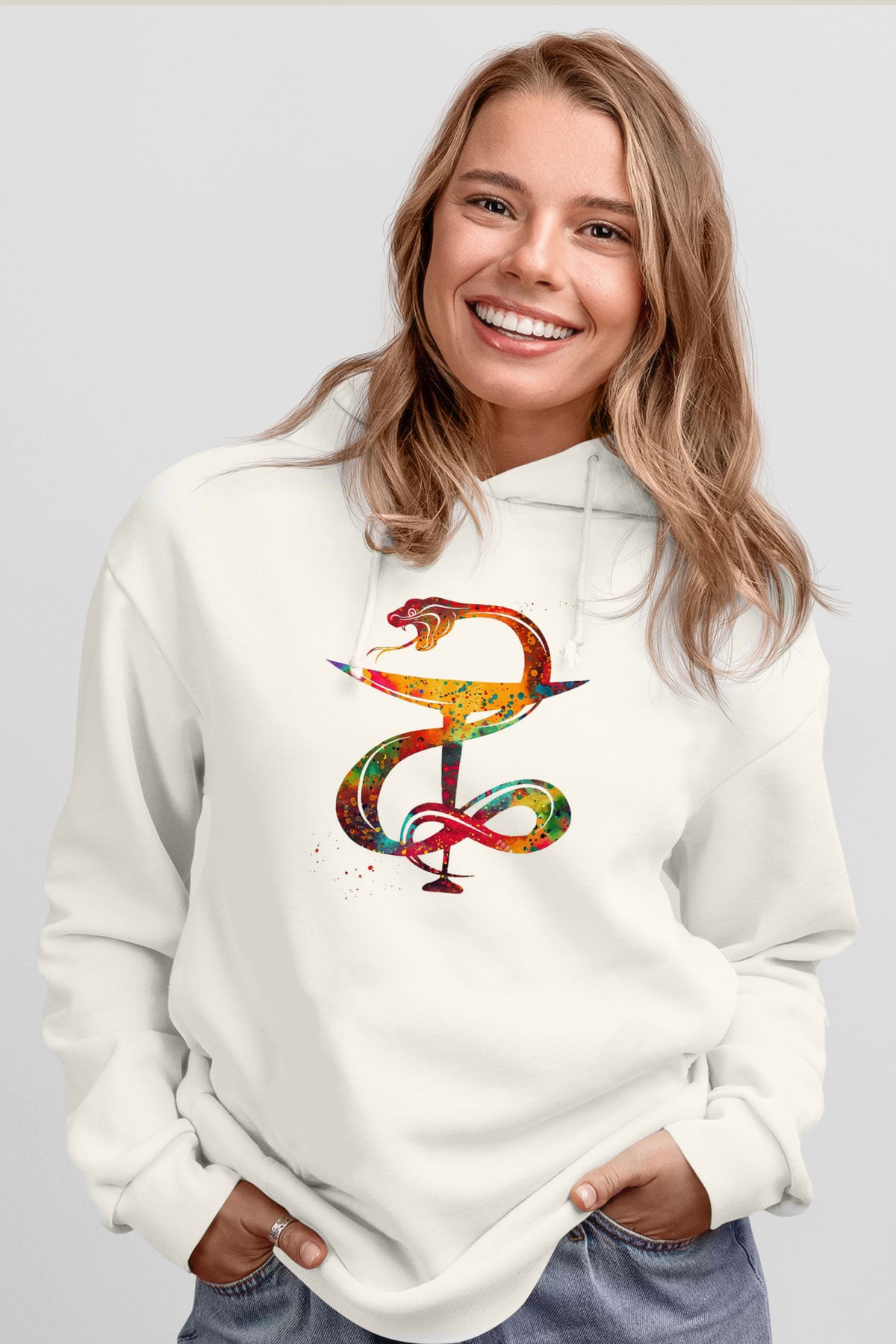 Kasede Hygieia Baskılı Unisex Ekru Hoodie