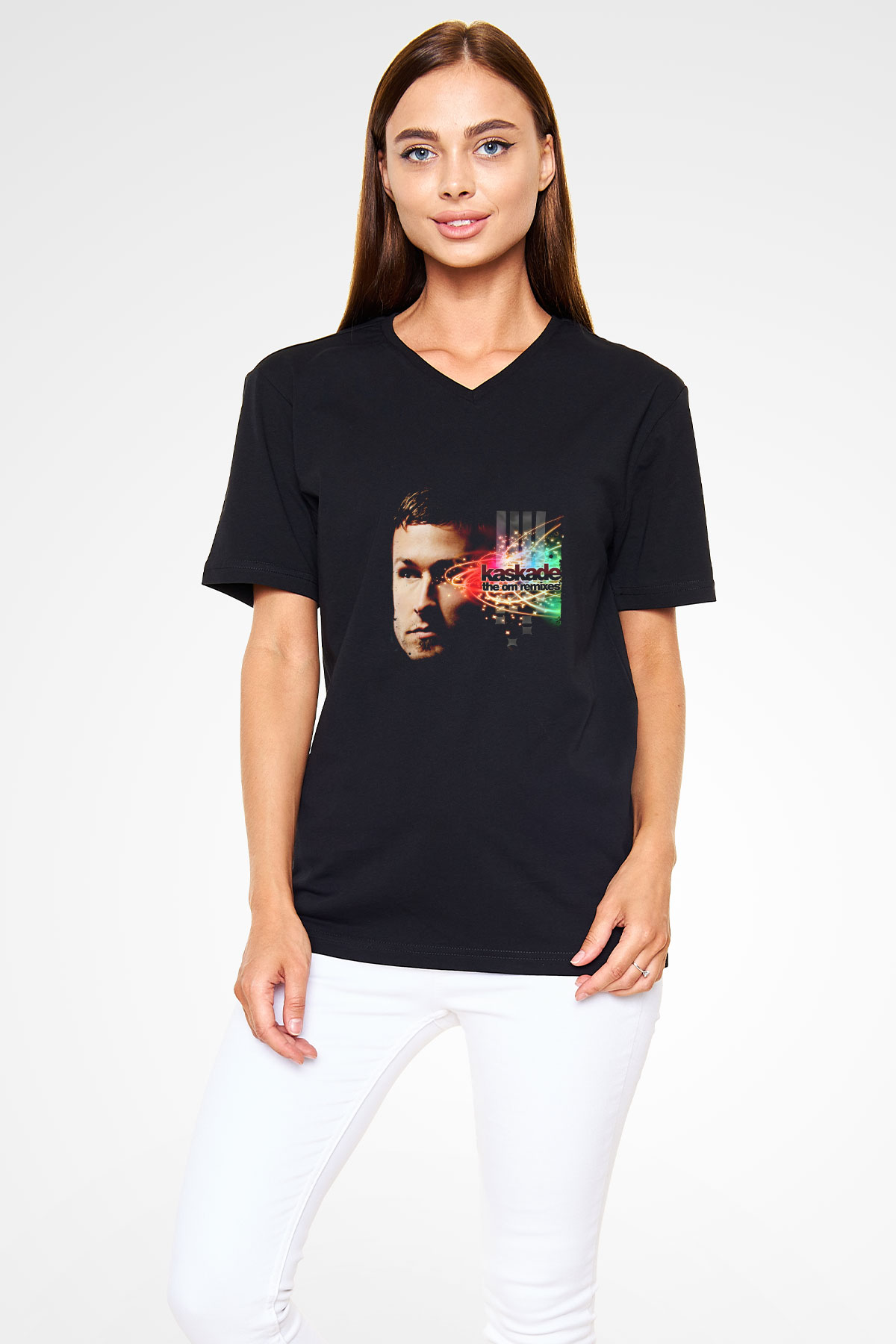 Kaskade Baskılı Unisex Siyah V Yaka Tişört