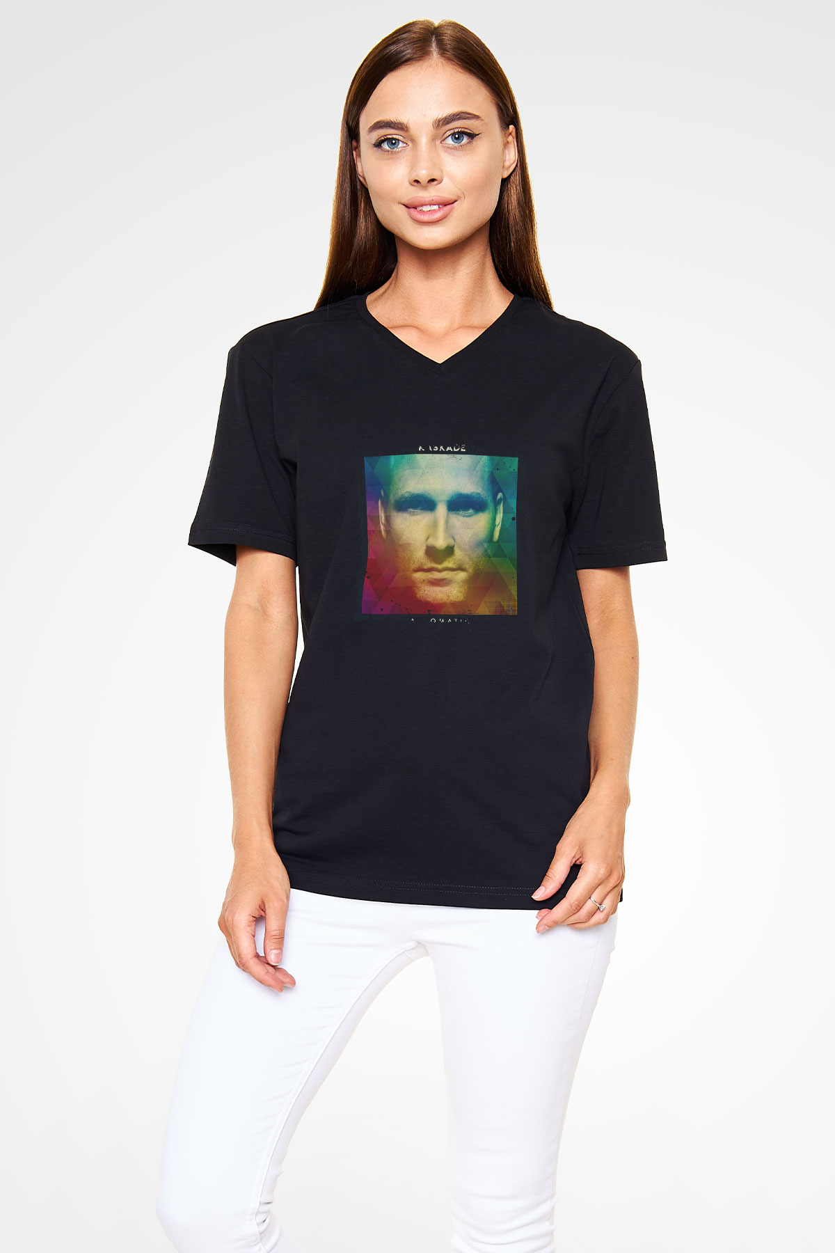 Kaskade Baskılı Unisex Siyah V Yaka Tişört