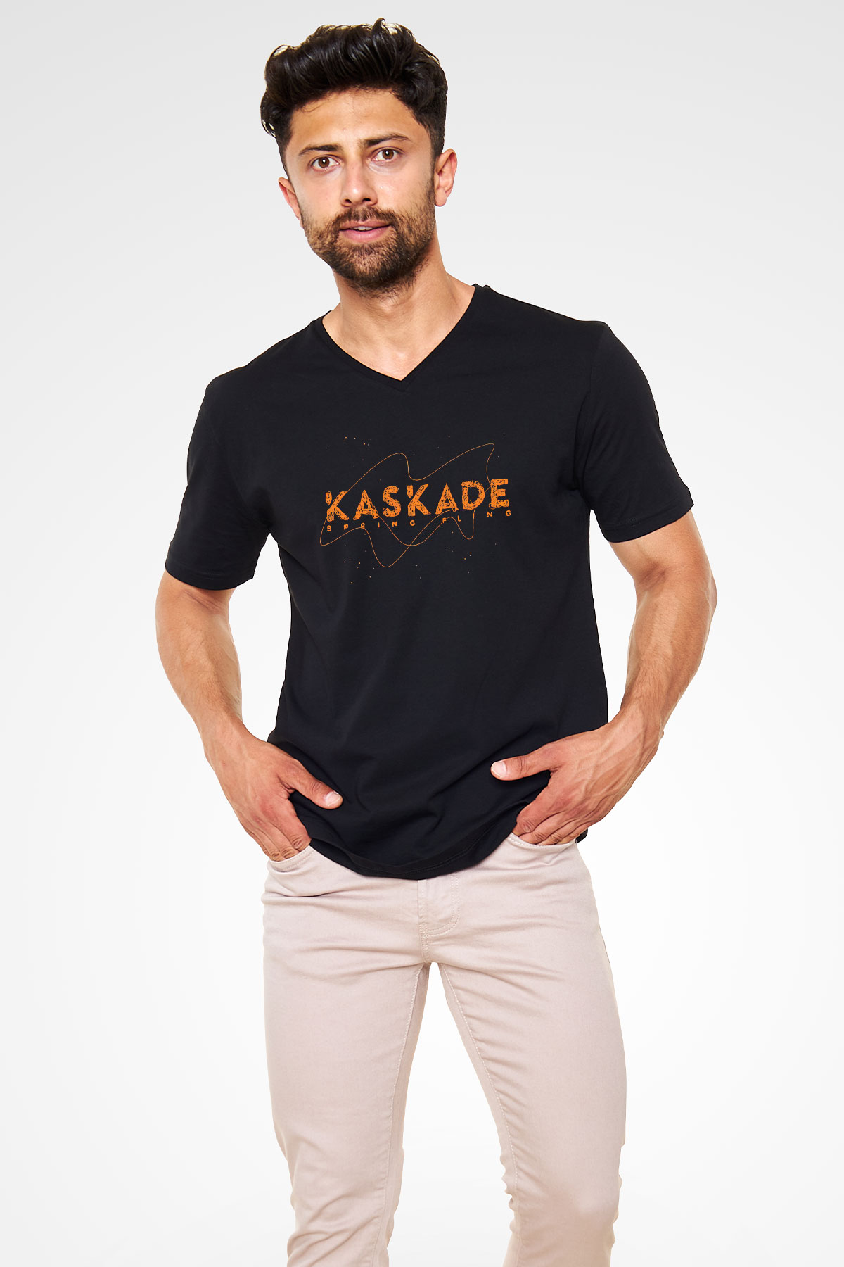 Kaskade Siyah Unisex V Yaka Tişört
