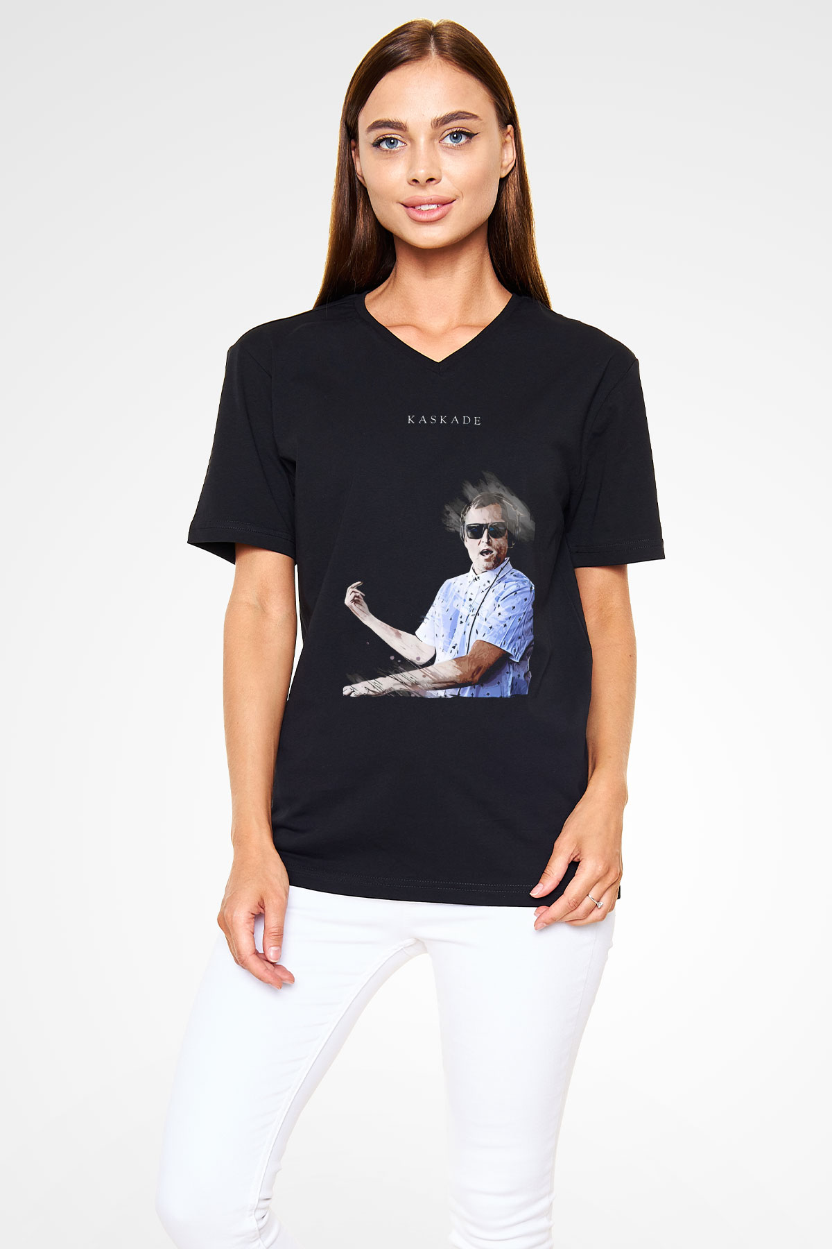 Kaskade Siyah Unisex V Yaka Tişört