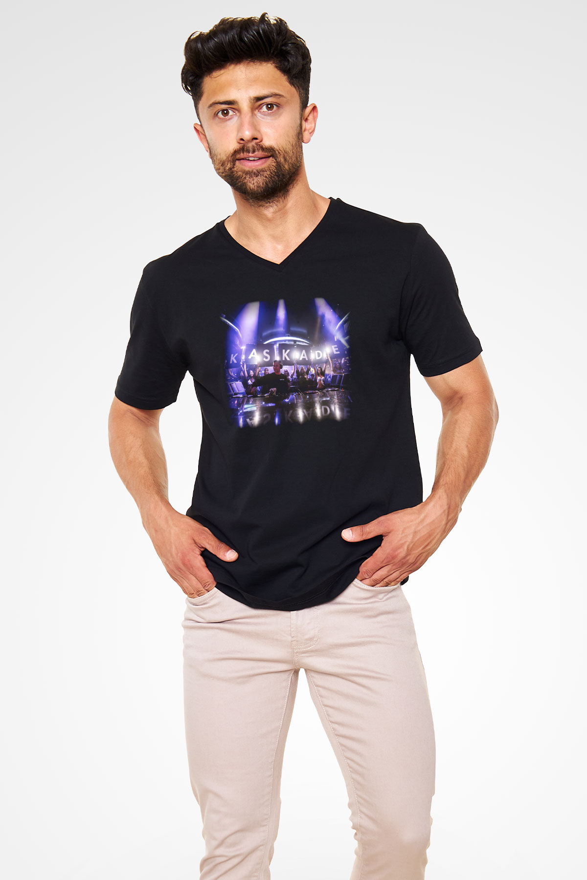 Kaskade Siyah Unisex V Yaka Tişört T-Shirt