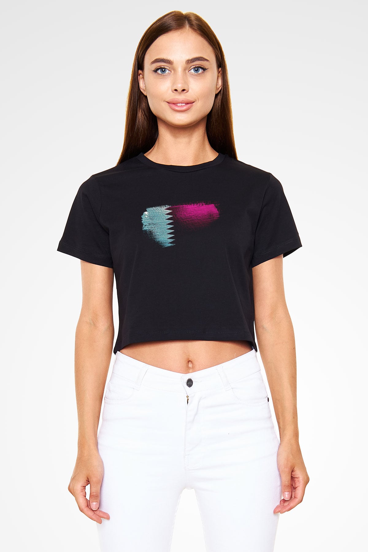 Katar - Qatar Bayrağı Baskılı Kadın Crop Top Siyah Tişört