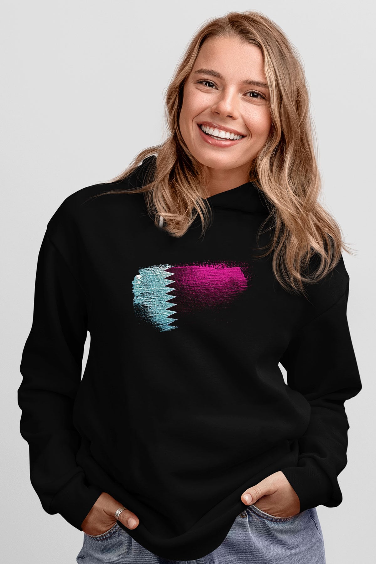 Katar - Qatar Bayrağı Baskılı Unisex Siyah Kapüşonlu Sweatshirt