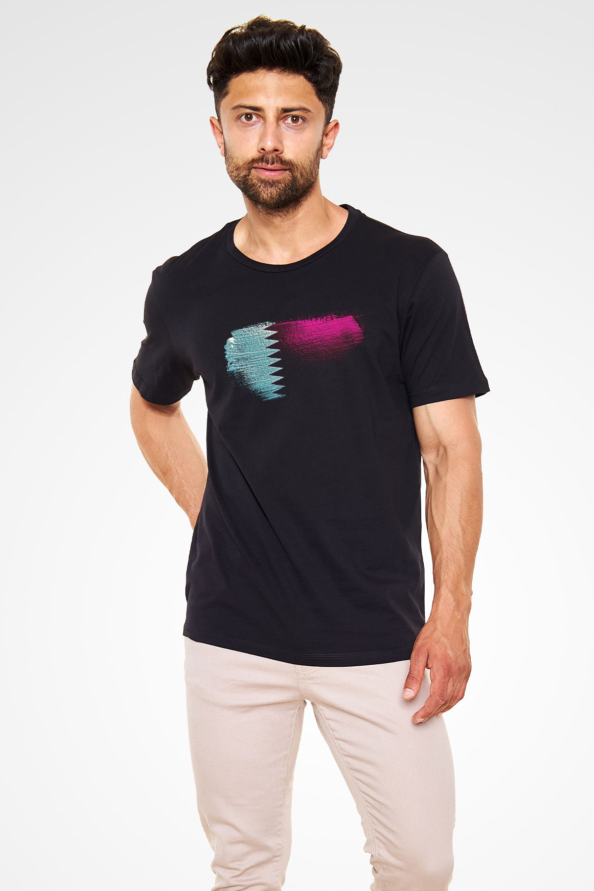 Katar - Qatar Bayrağı Baskılı Unisex Siyah Tişört