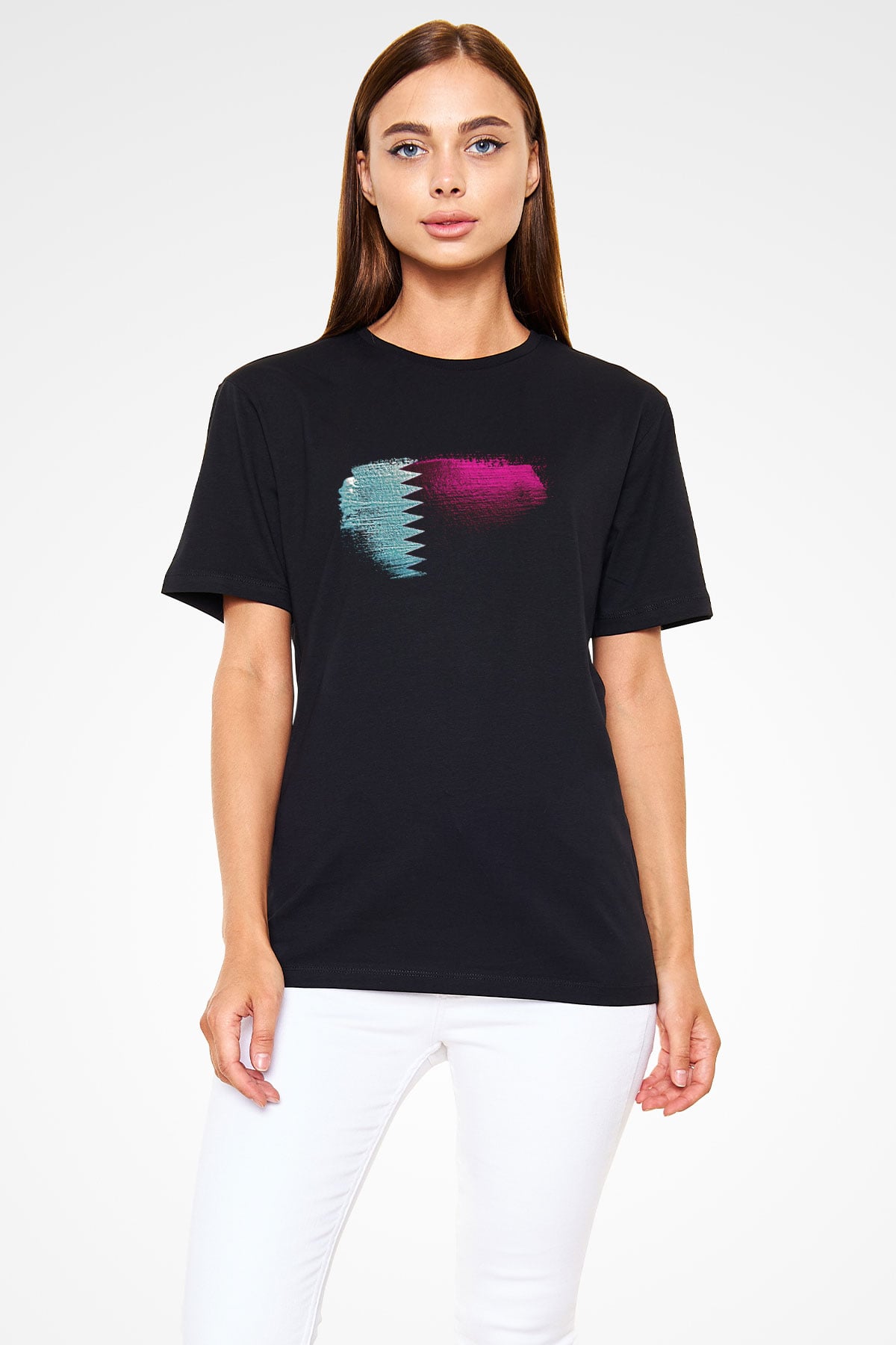 Katar - Qatar Bayrağı Baskılı Unisex Siyah Tişört