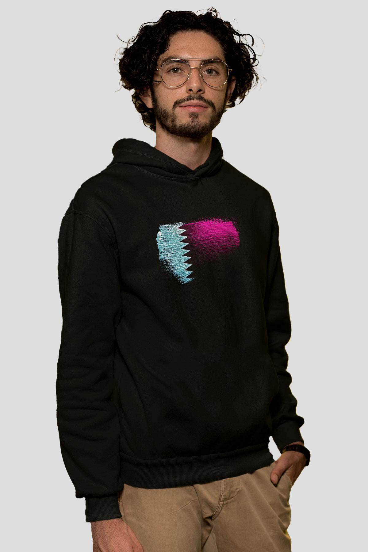 Katar - Qatar Bayrağı Baskılı Unisex Siyah Kapüşonlu Sweatshirt