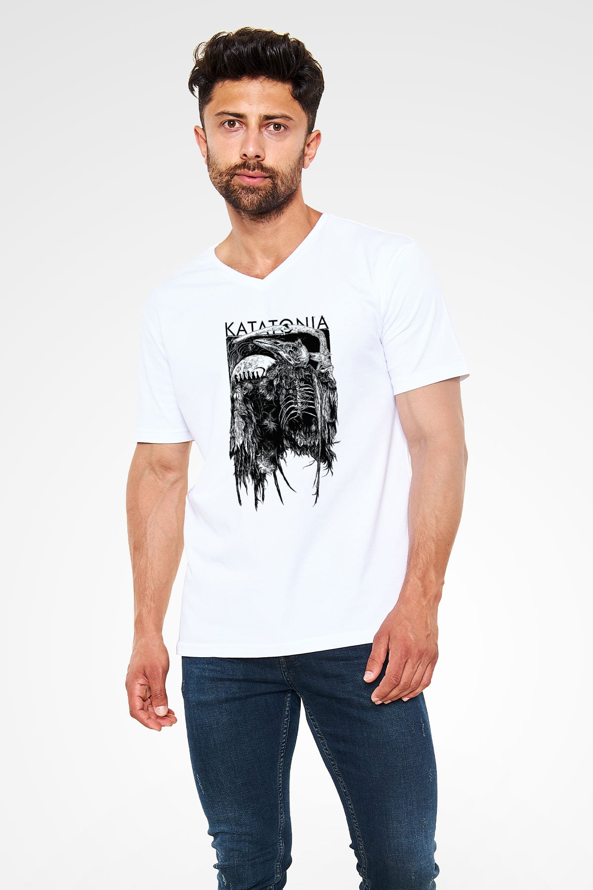 Katatonia Beyaz Unisex V Yaka Tişört T-Shirt