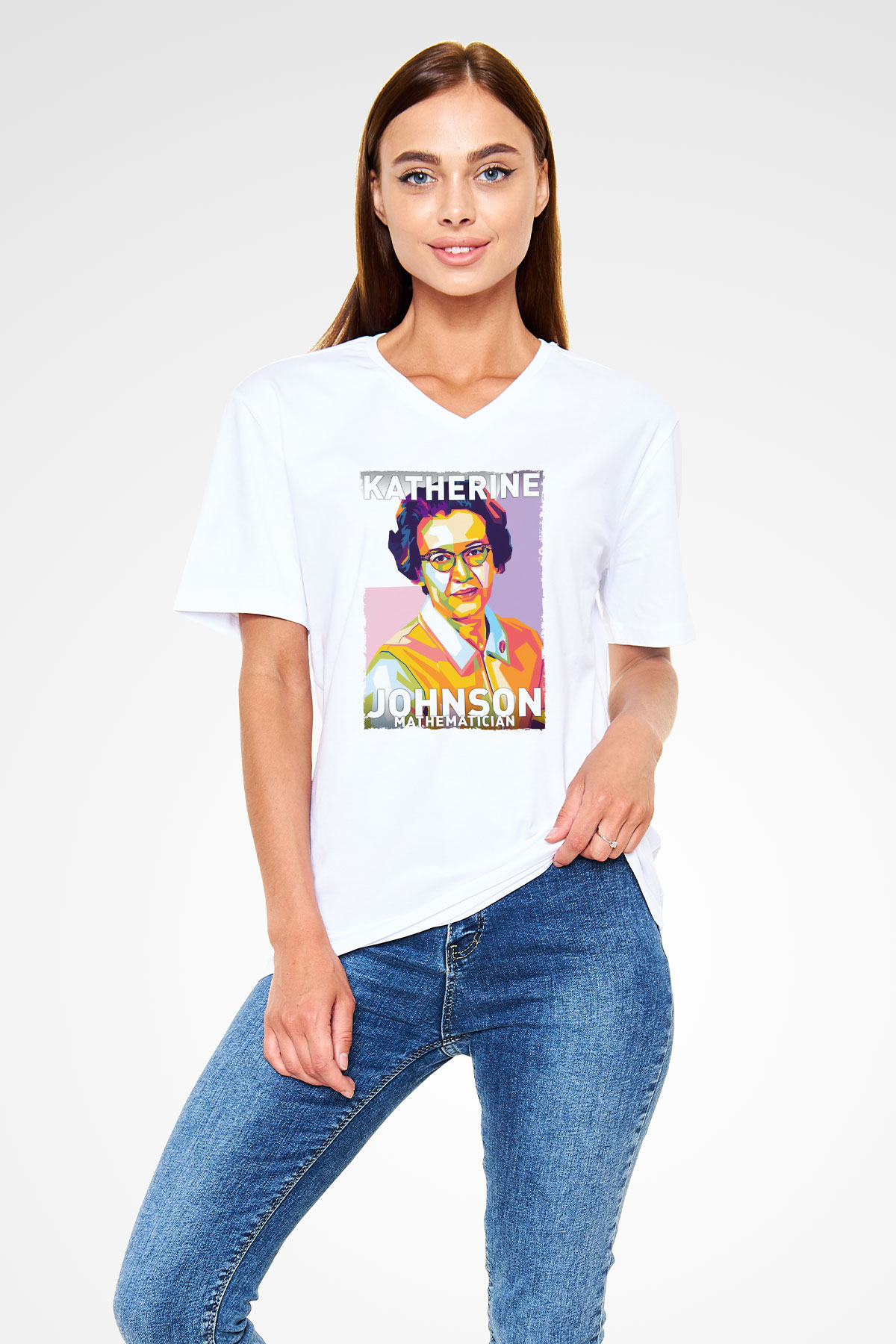 Katherine Johnson Baskılı Unisex V Yaka Beyaz Tişört - Tshirt