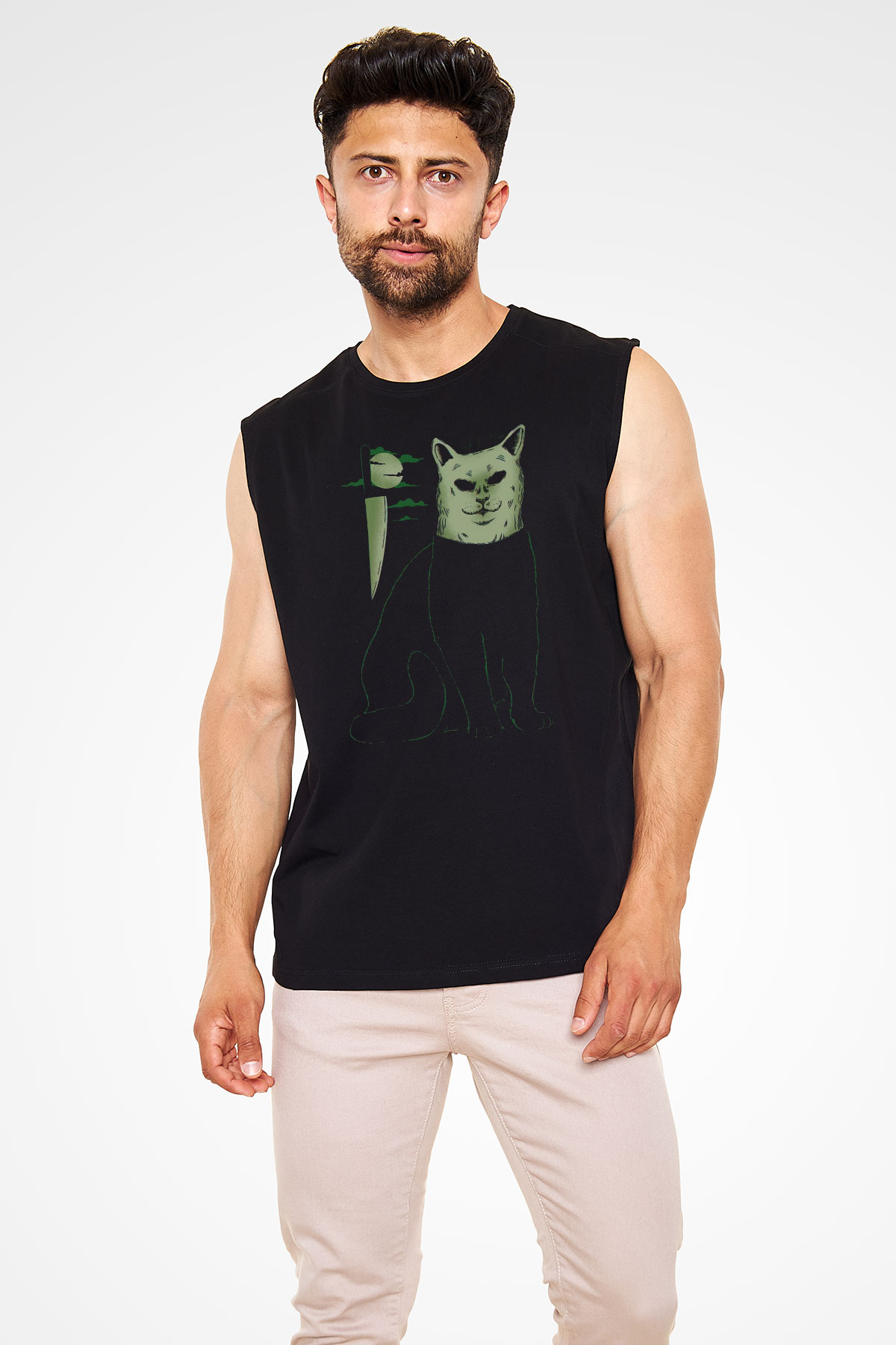 Katil Kedi Baskılı Unisex Siyah  Kolsuz Tişört
