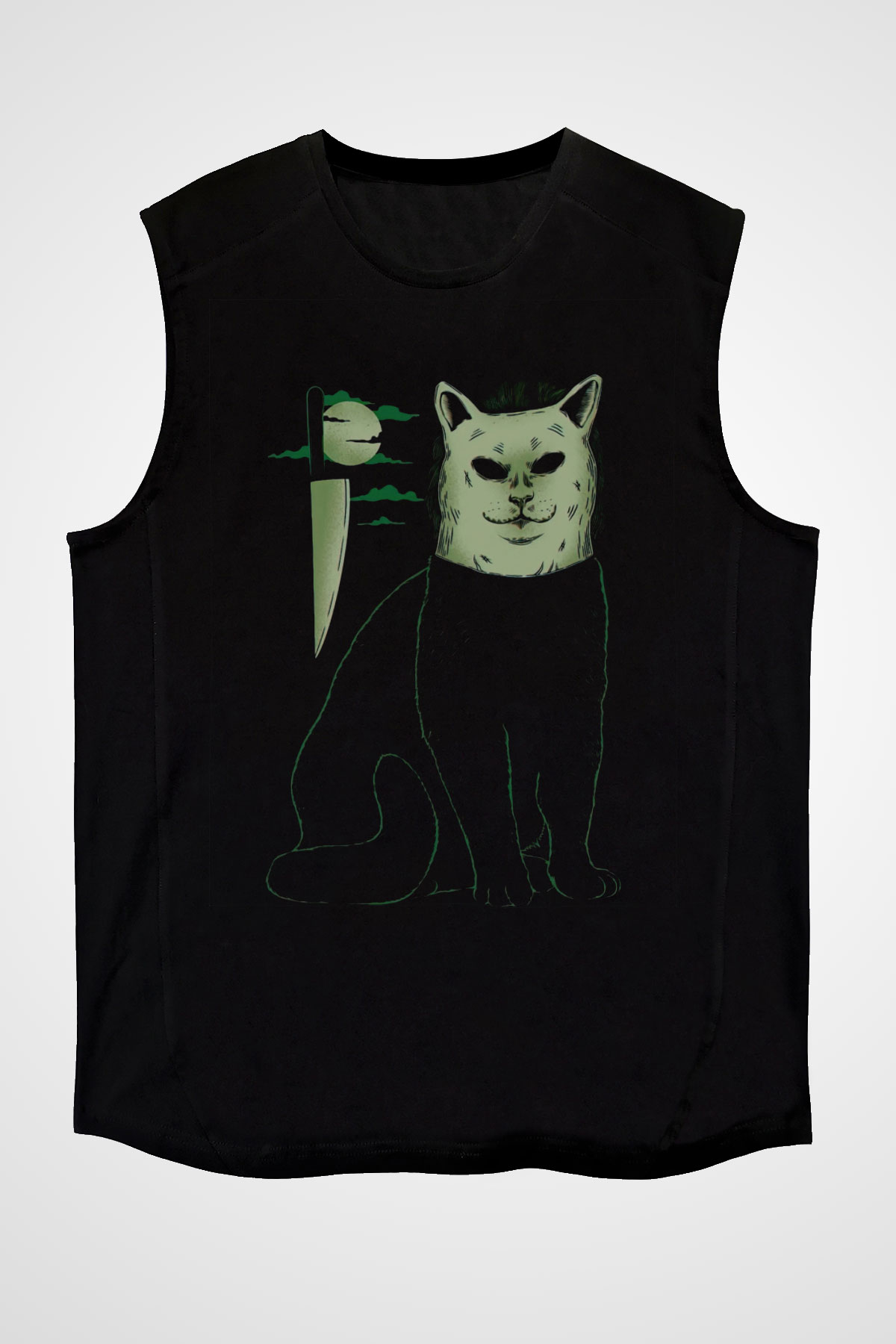 Katil Kedi Baskılı Unisex Siyah  Kolsuz Tişört